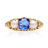Vintage sapphire and pearl ring, front view. 
