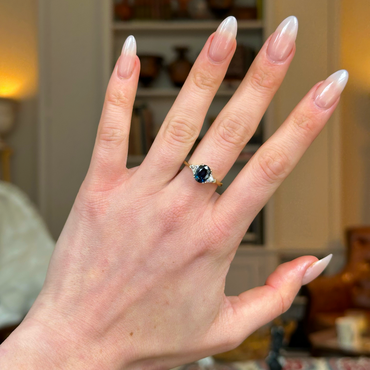 Vintage, Sapphire and Diamond Three-Stone Engagement Ring, 18ct Yellow and White Gold worn on hand