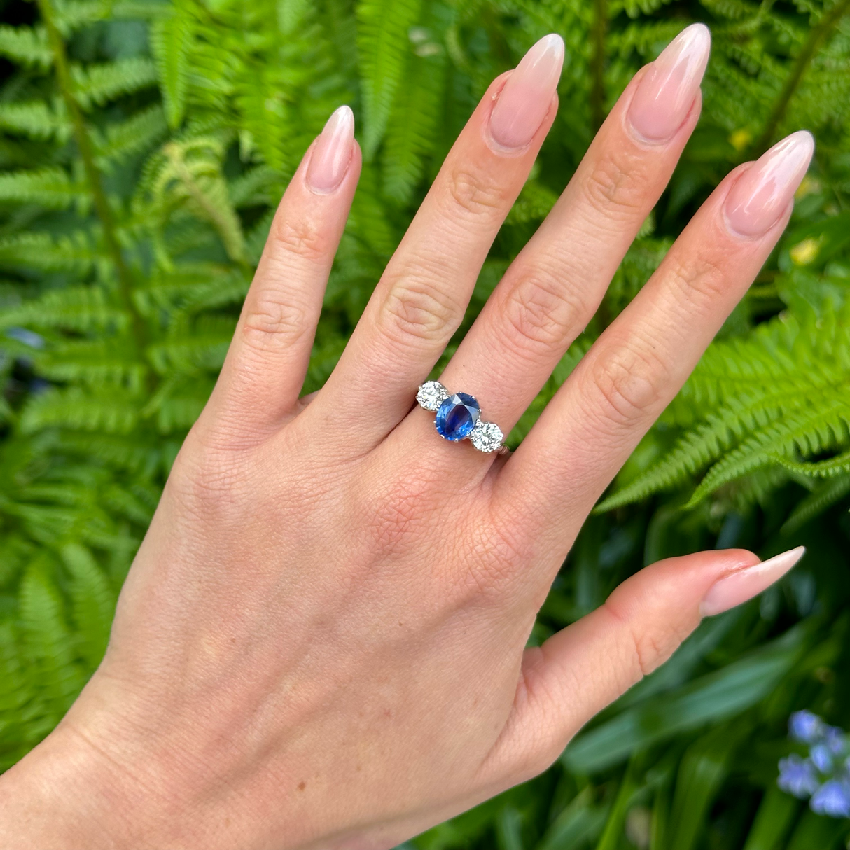 Vintage, Sapphire and Diamond Three-Stone Ring, Platinum worn on hand.