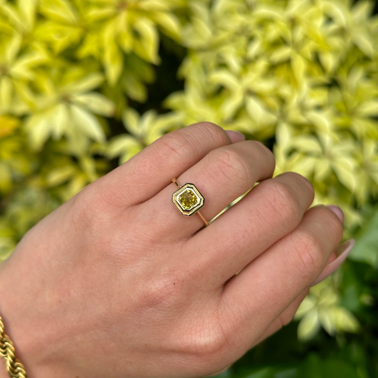 Vintage, Solitaire Yellow Diamond Ring, 14ct Yellow and White Gold worn on hand.