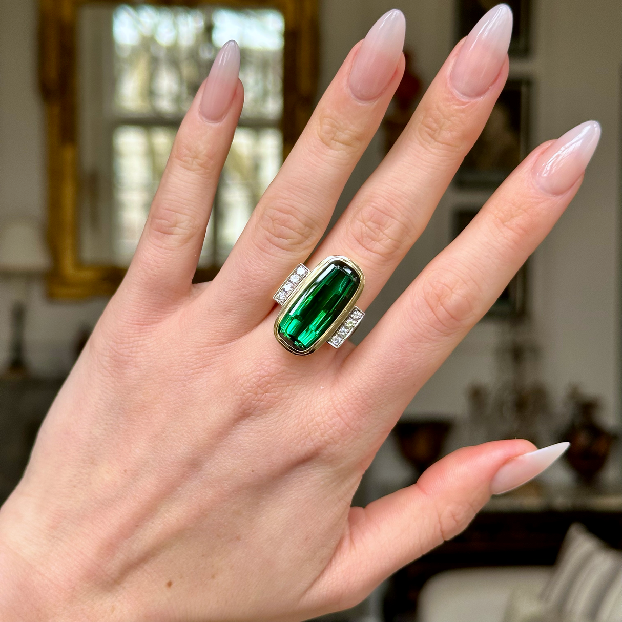 Vintage, Tourmaline and Diamond Cocktail Ring, worn on hand.