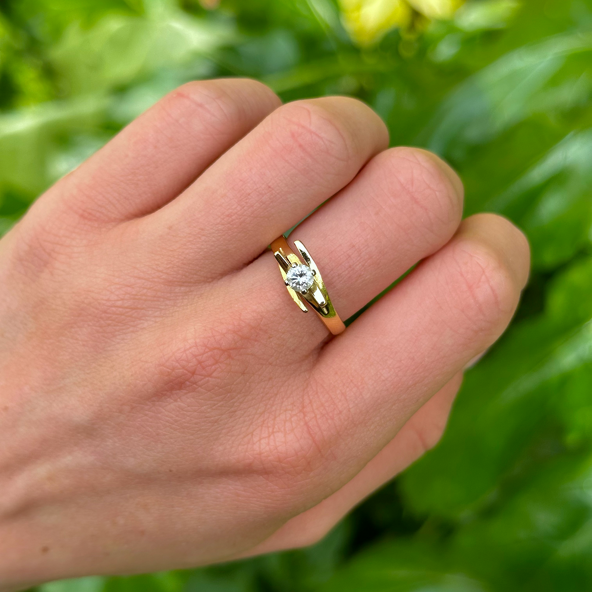Vintage, Unique 1970s Diamond Engagement Ring, 18ct Yellow Gold worn on hand.