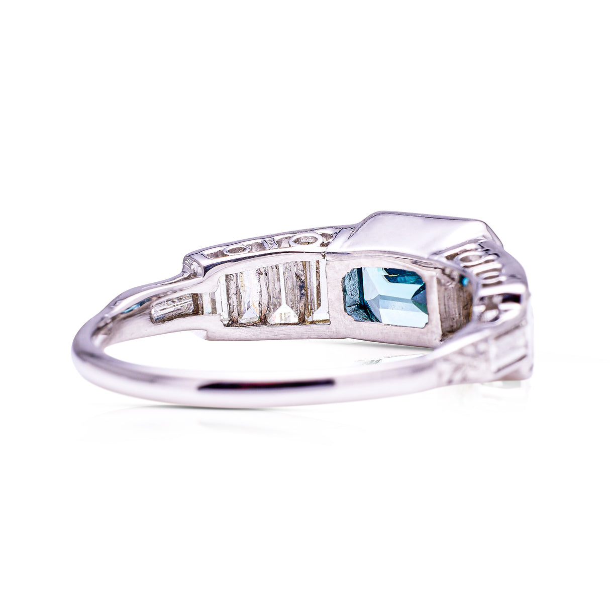 Vintage zircon and diamond ring, rear view.