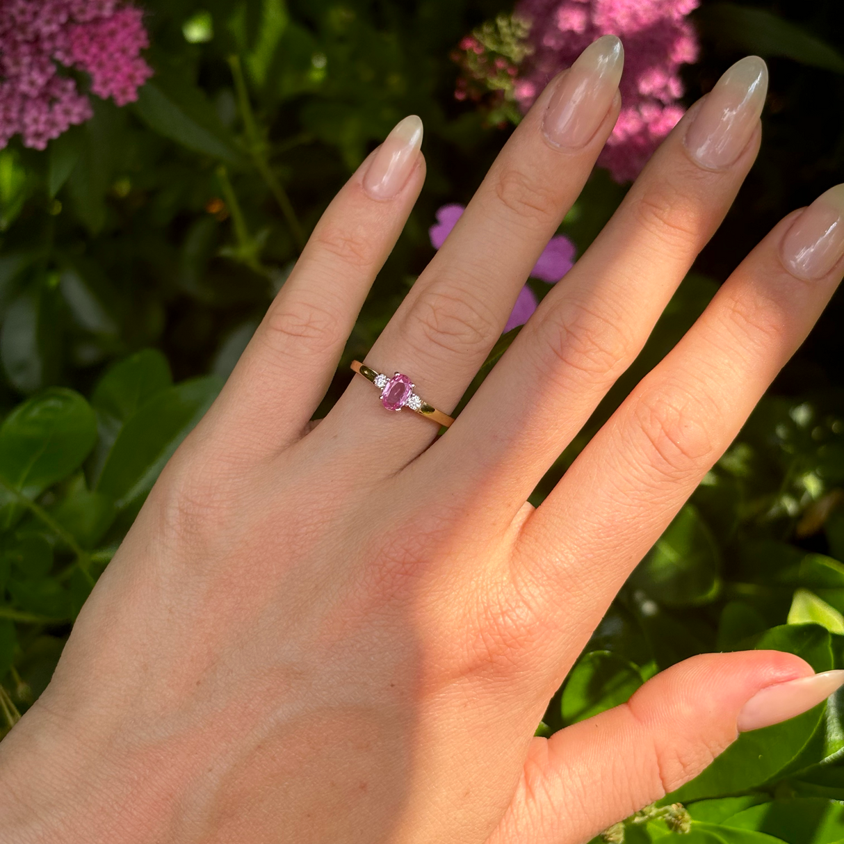 Vintage, pink sapphire & diamond three-stone ring, 18ct yellow gold