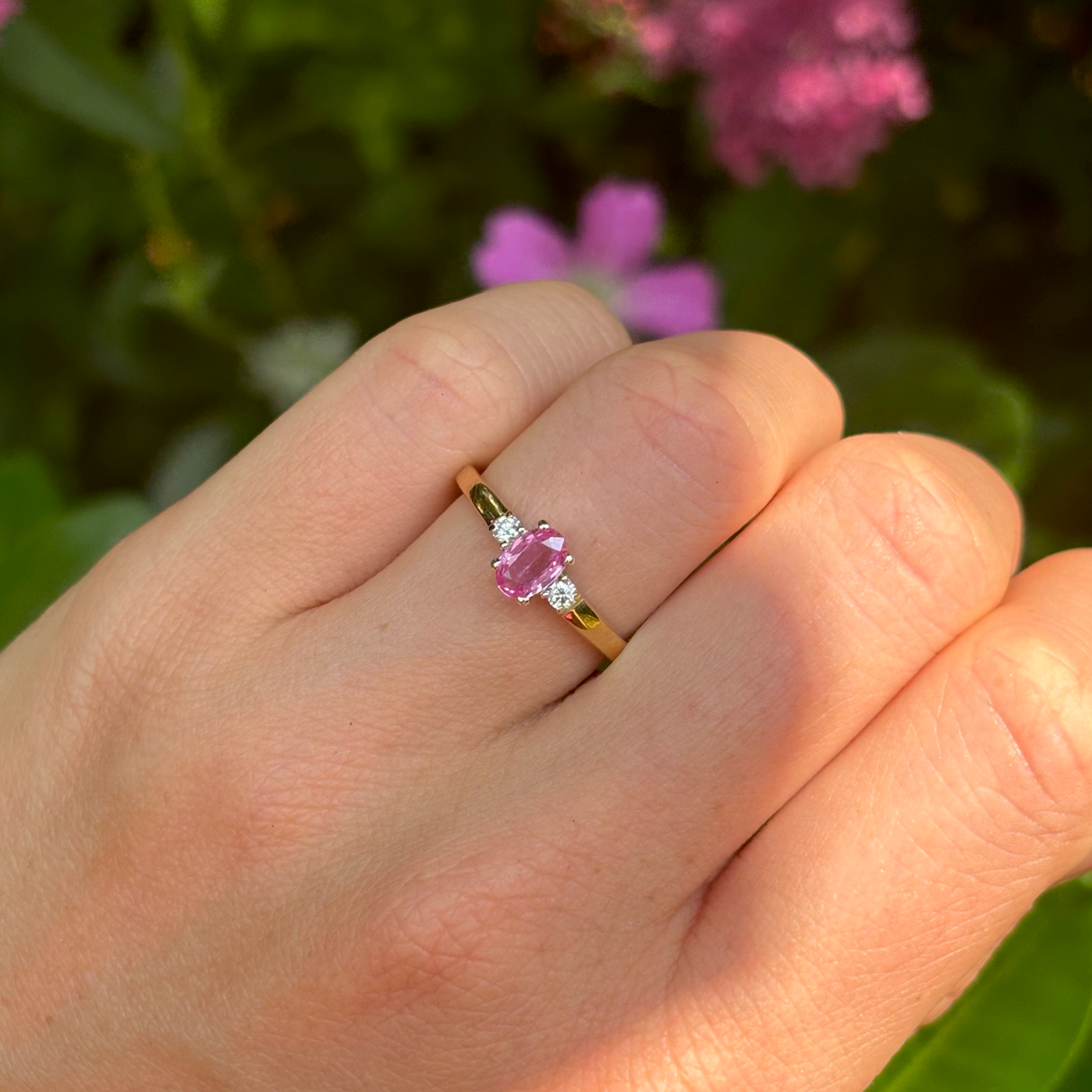 Vintage, pink sapphire & diamond three-stone ring, 18ct yellow gold