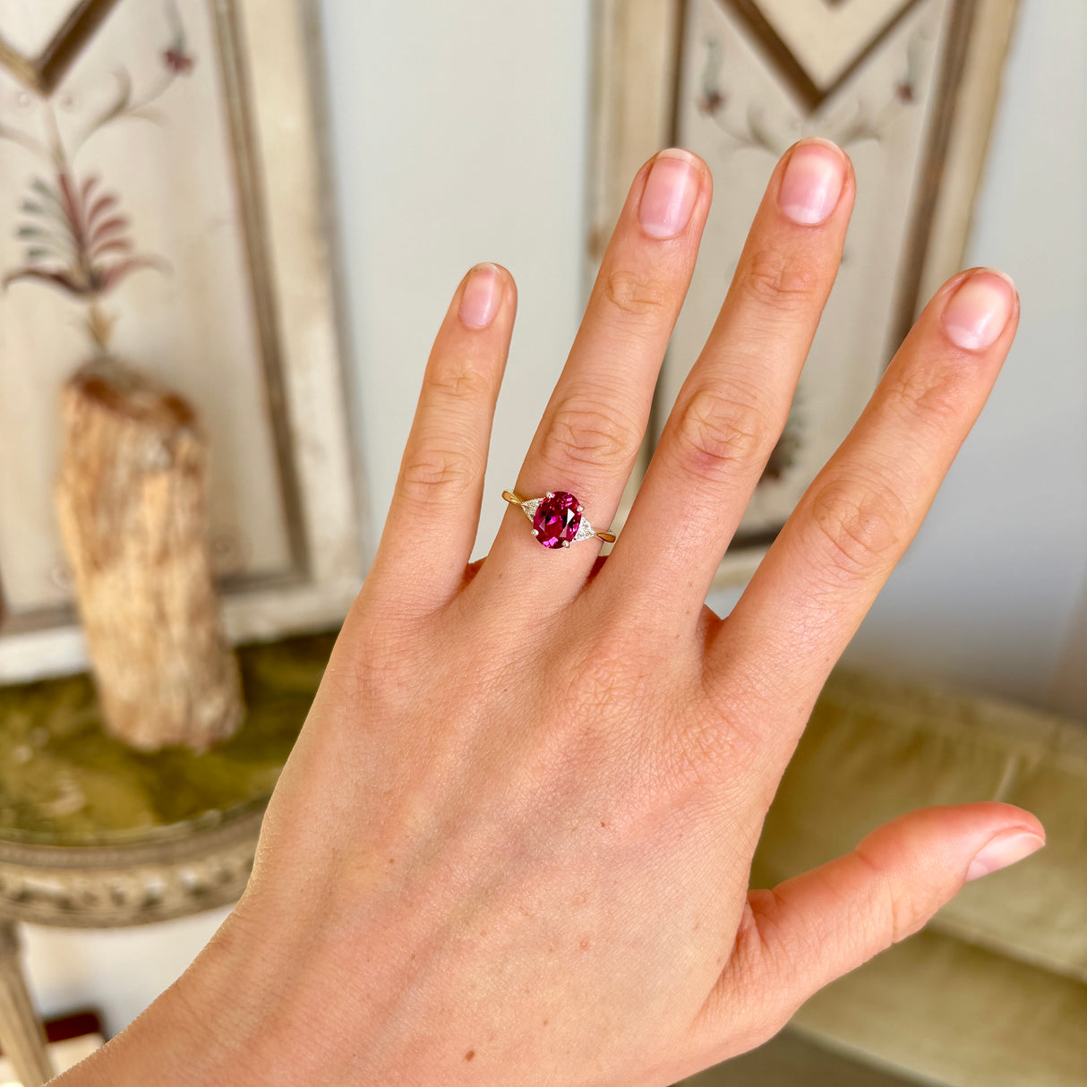 Vintage tourmaline & diamond three stone ring