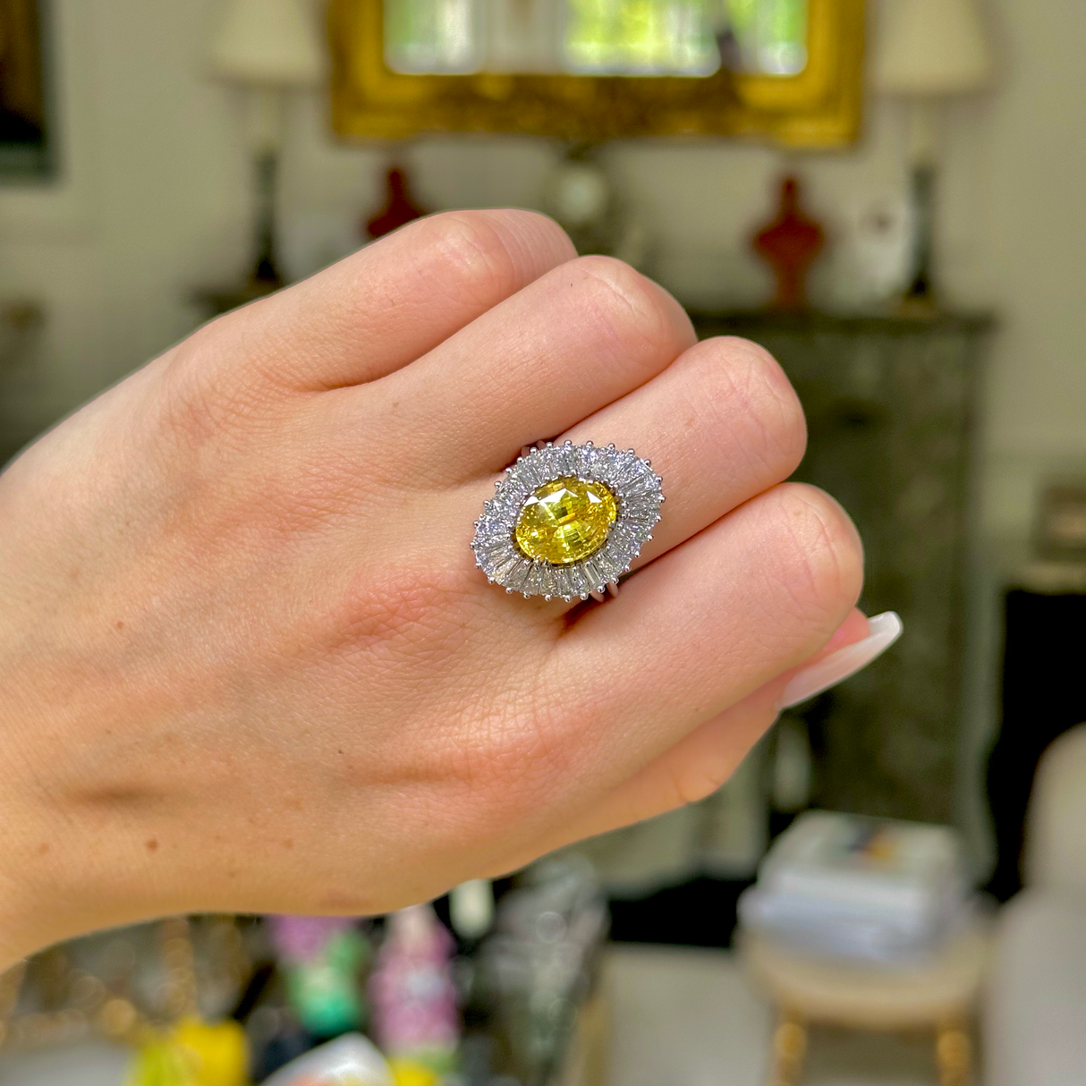 French, 1950s, yellow sapphire & diamond ballerina cluster ring