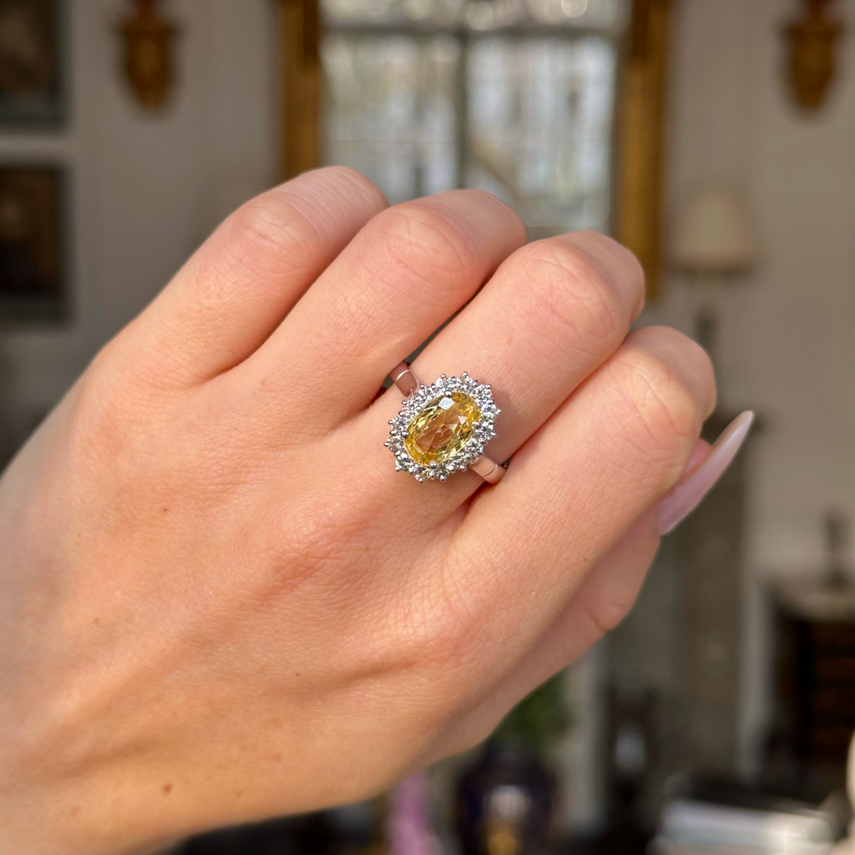 Vintage 3ct yellow sapphire & diamond cluster engagement ring, 18ct white gold