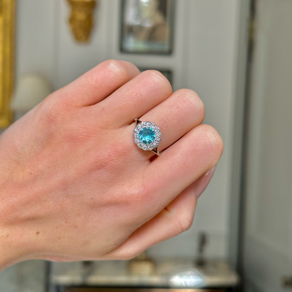 Edwardian, blue zircon & diamond cluster ring