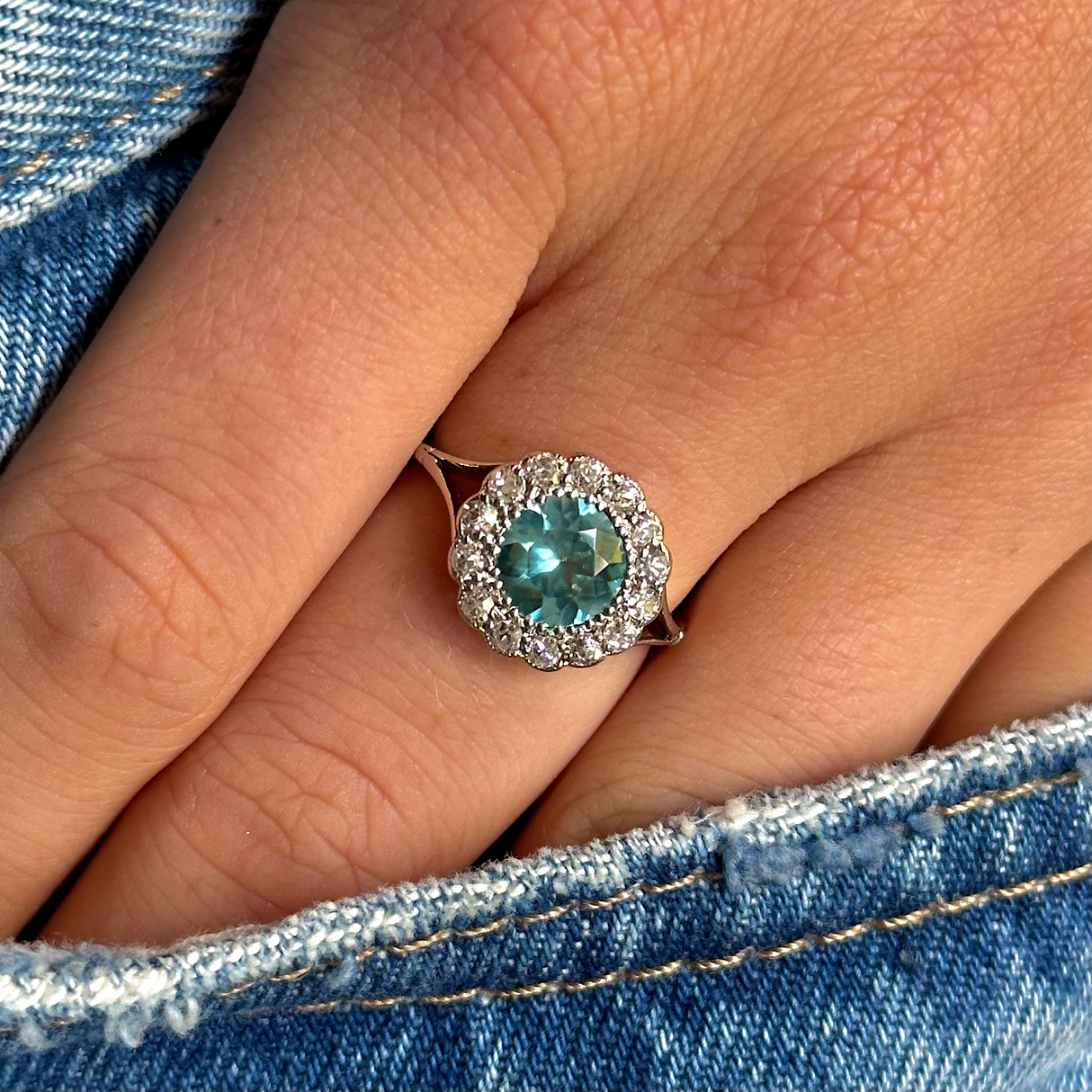 Edwardian, blue zircon & diamond cluster ring