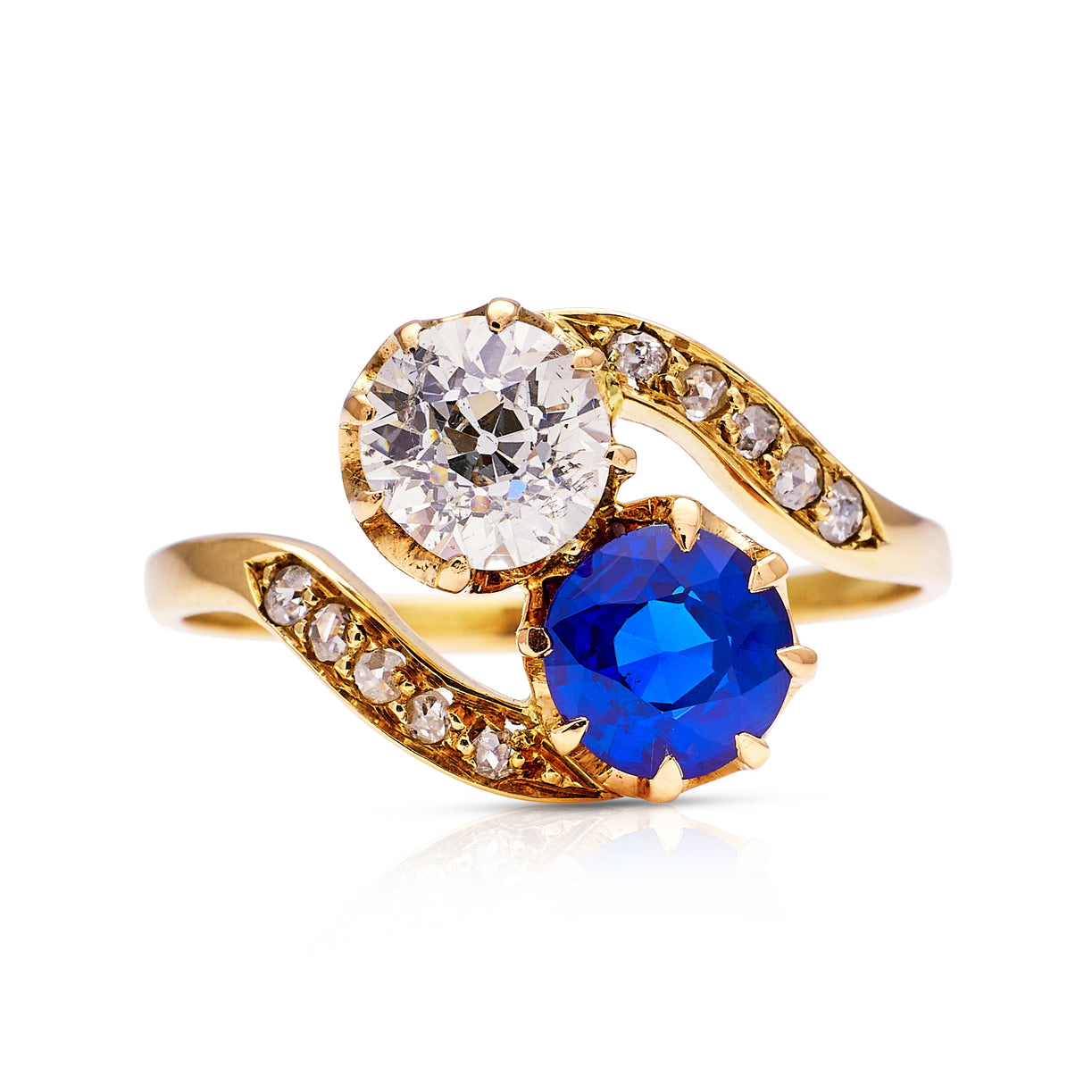 Sold | antique, Edwardian, sapphire and diamond toi et moi engagement ring, 14ct yellow gold