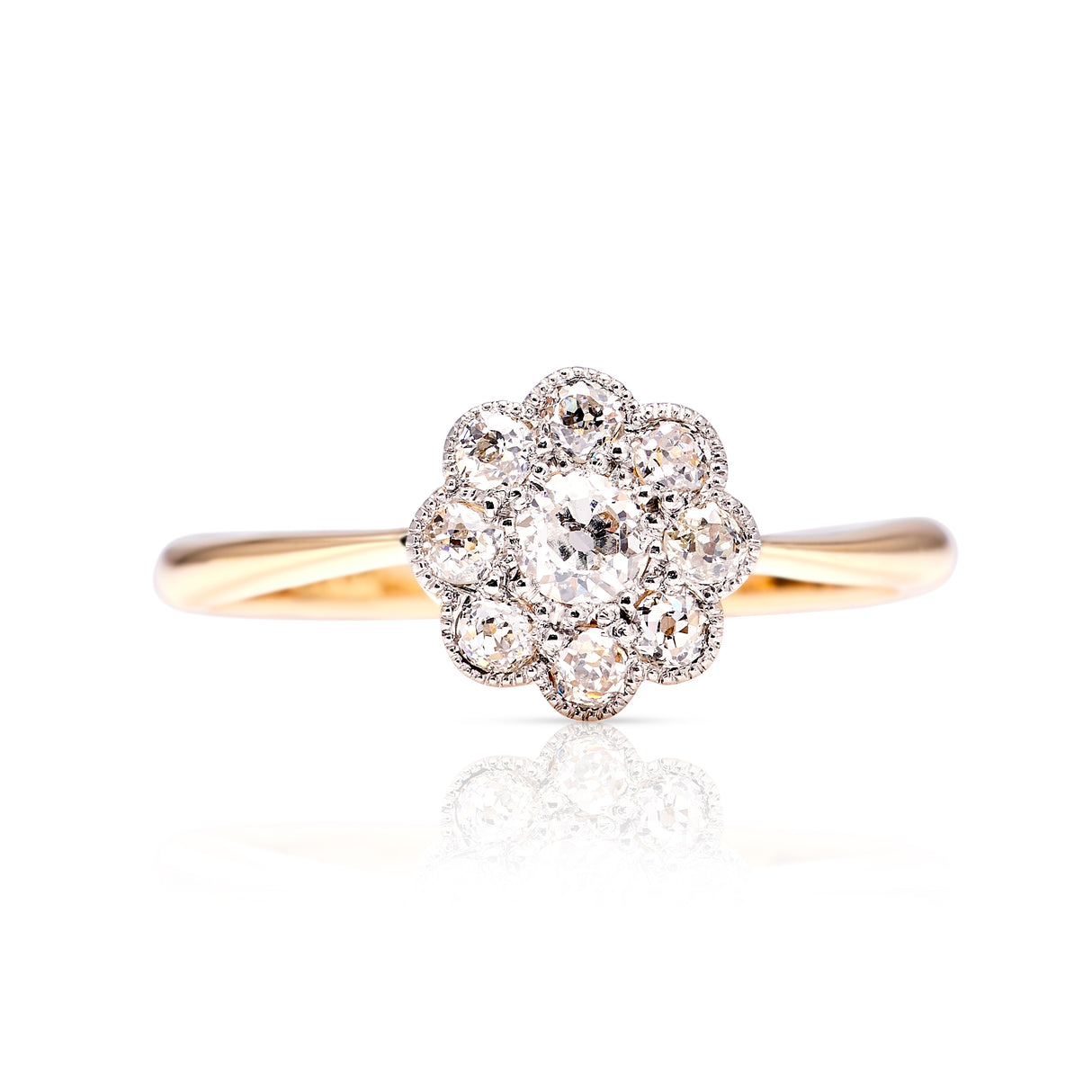 Antique, Edwardian diamond cluster engagement ring, 18ct yellow gold and platinum