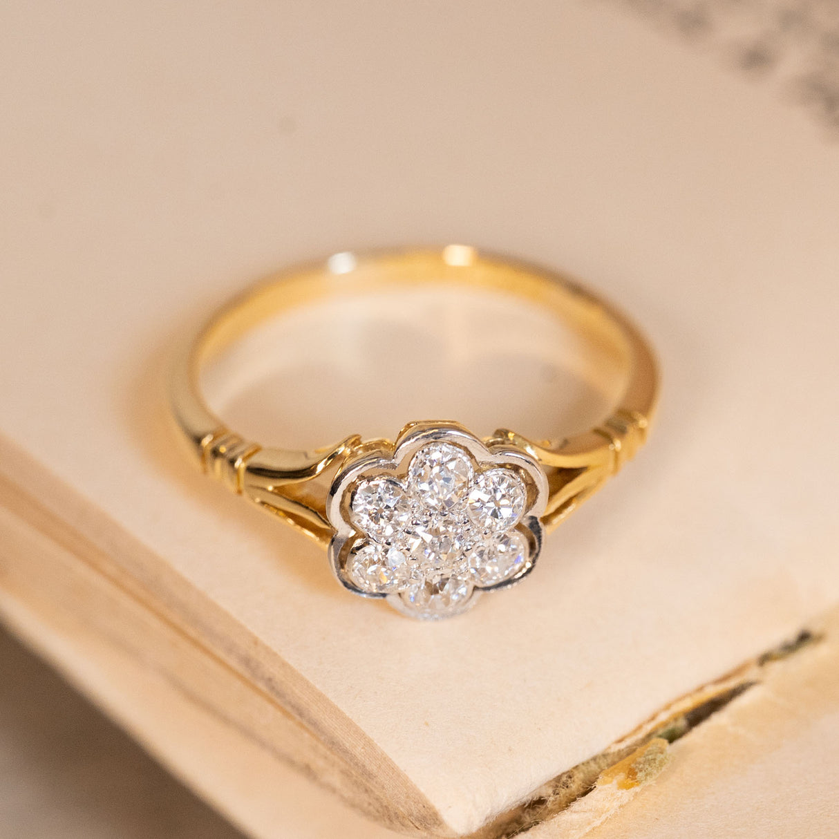 Antique daisy cluster ring showcasing a flower-shaped arrangement of old-cut diamonds with elegant detailing and a slender yellow gold band.