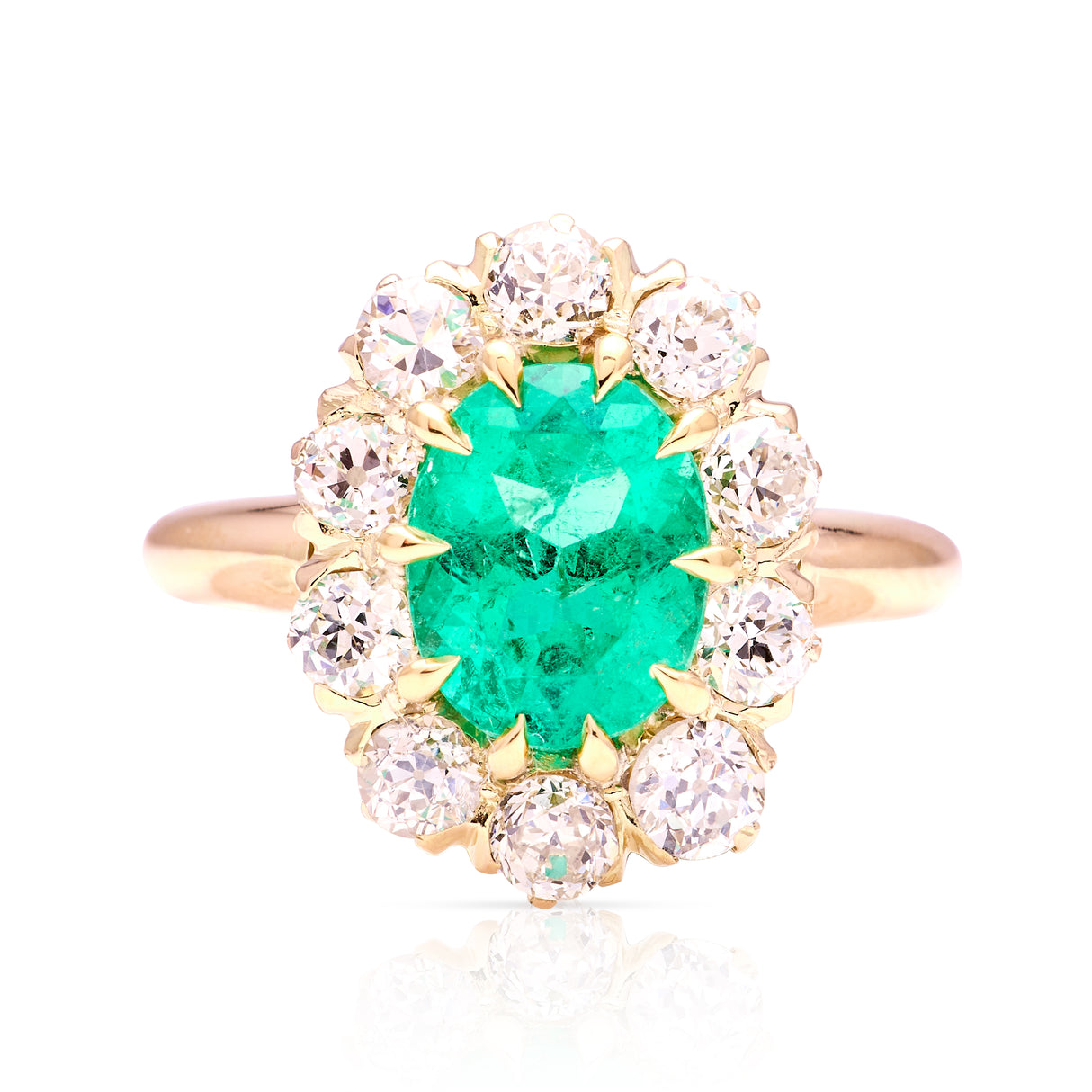 Vintage, Emerald and diamond cluster ring, 18ct yellow gold