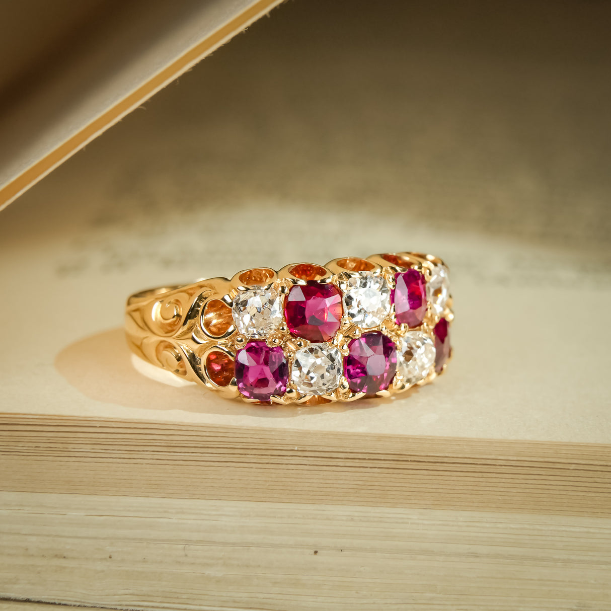 Antique Victorian ruby and diamond checkerboard ring with gold setting