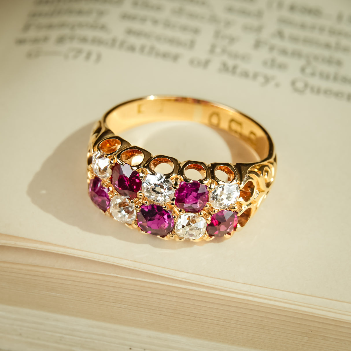 Antique Victorian ruby and diamond checkerboard ring in yellow gold