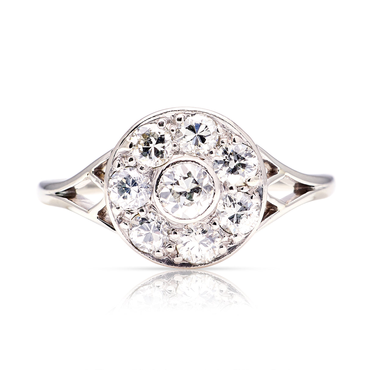 Vintage, Art Deco diamond cluster target engagement ring