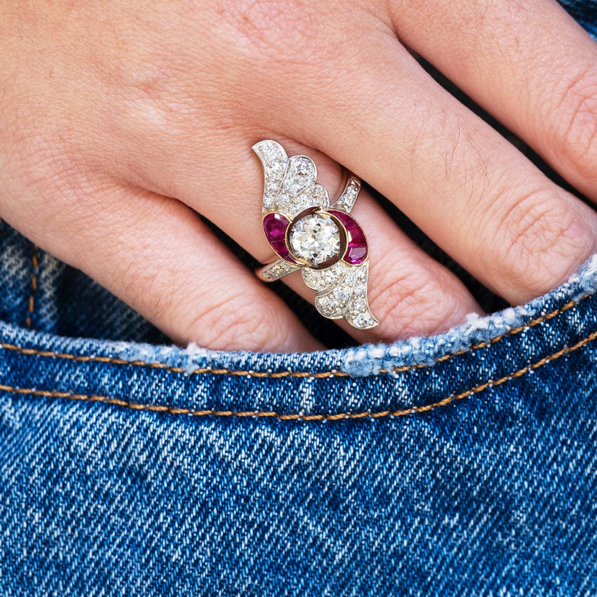 Antique, Art Nouveau diamond and ruby cocktail ring