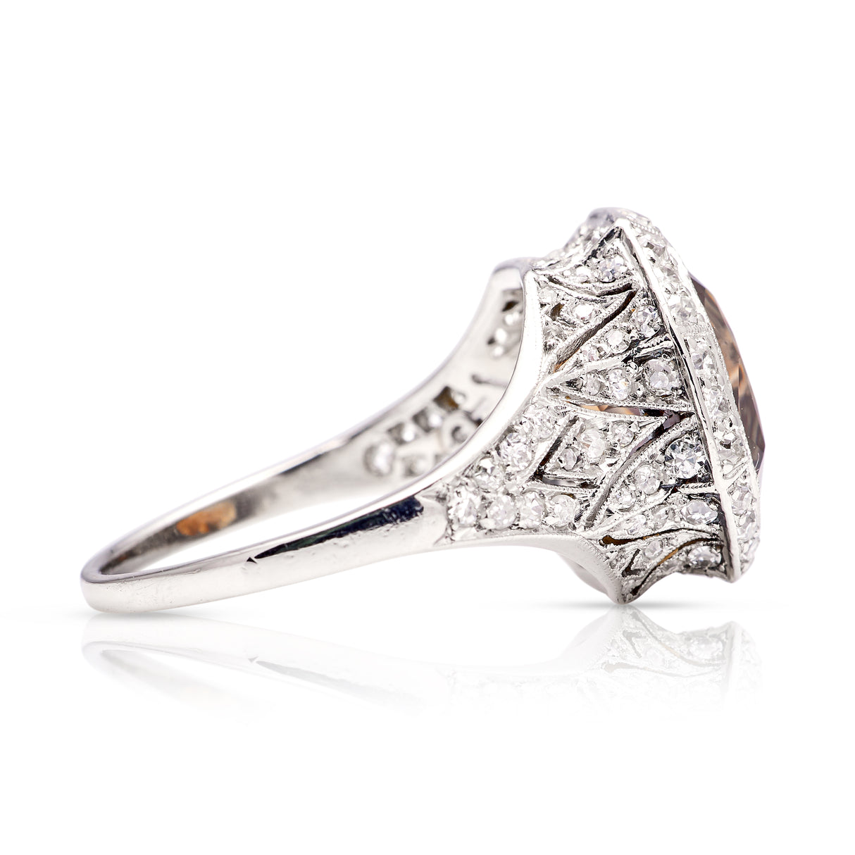 Vintage, Art Deco 6ct old cut brown zircon and diamond ring