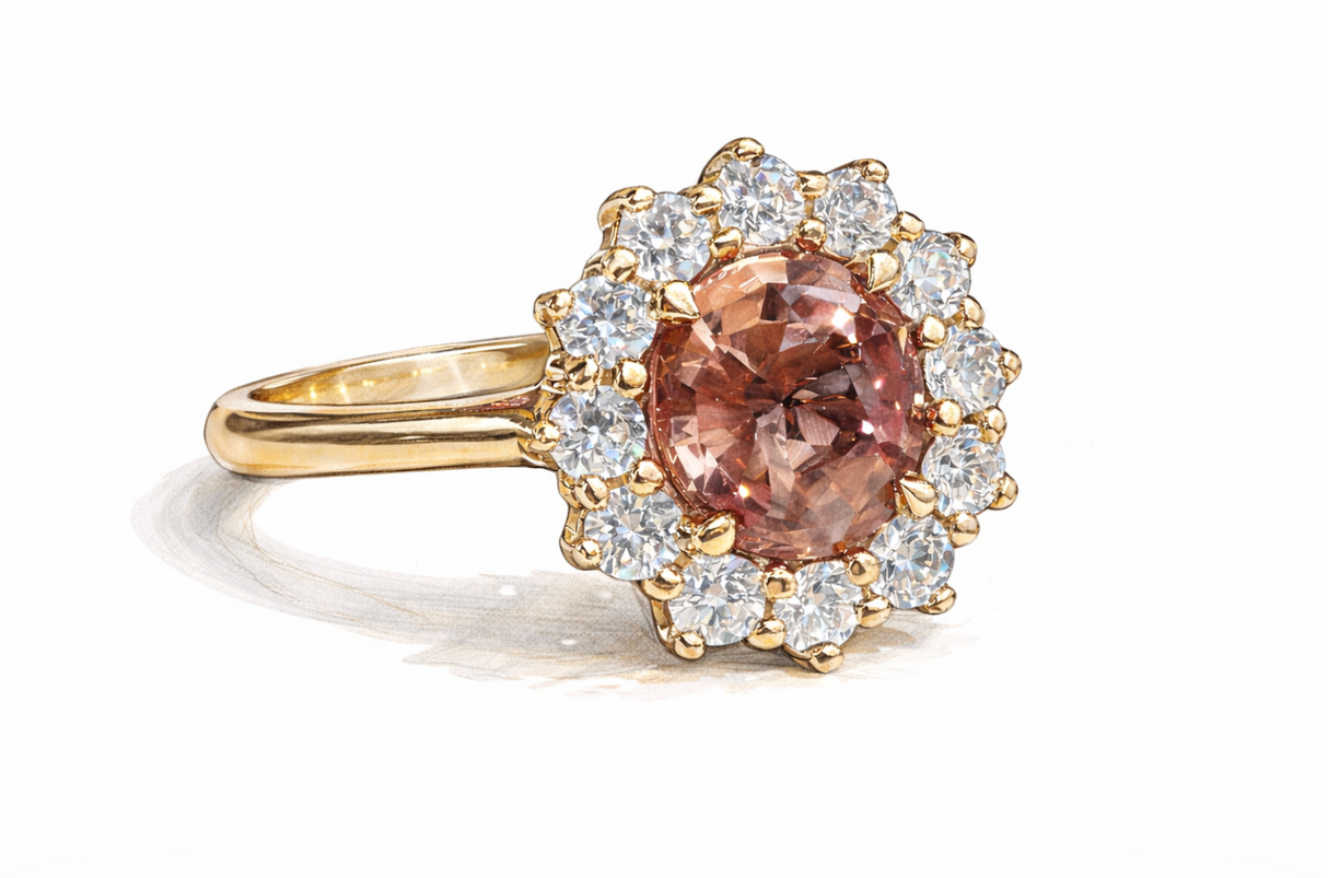 BESPOKE | Natural orange sapphire and diamond cluster engagement ring