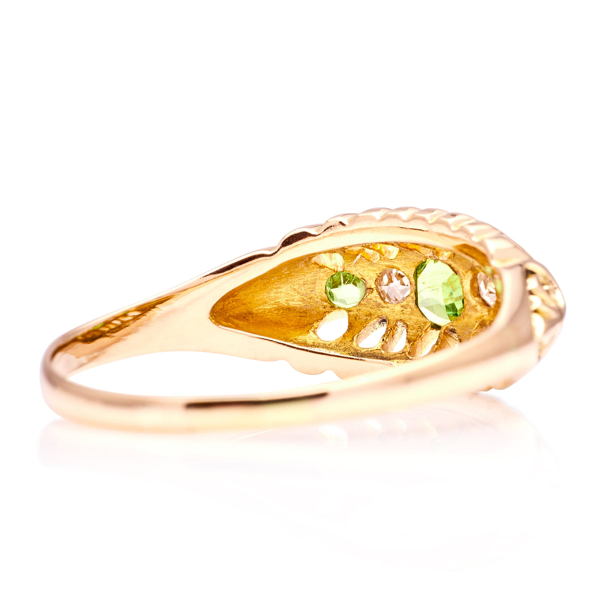 Antique, Edwardian five-stone demantoid garnet and diamond ring