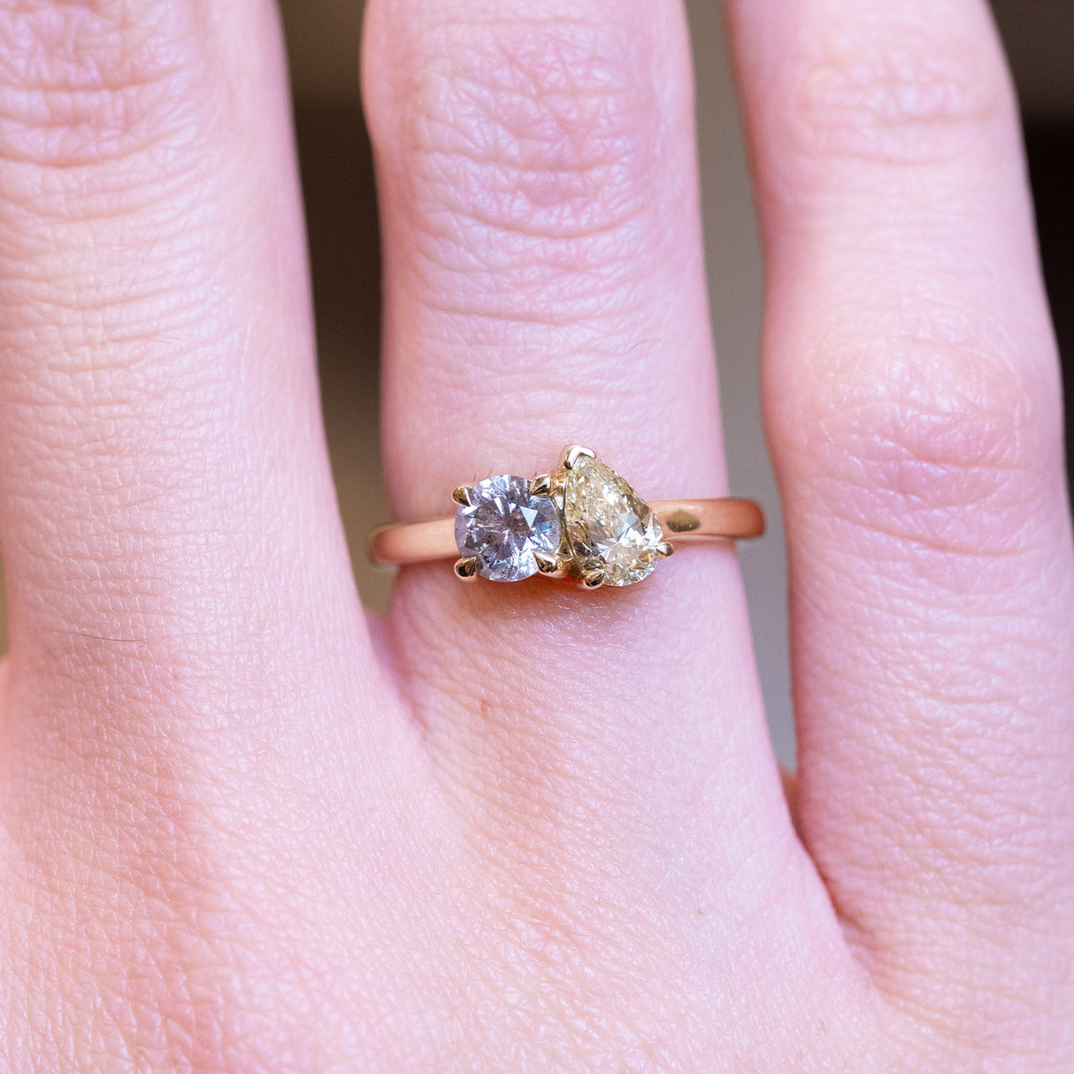 Antique inspired, coloured diamond Toi et Moi engagement ring