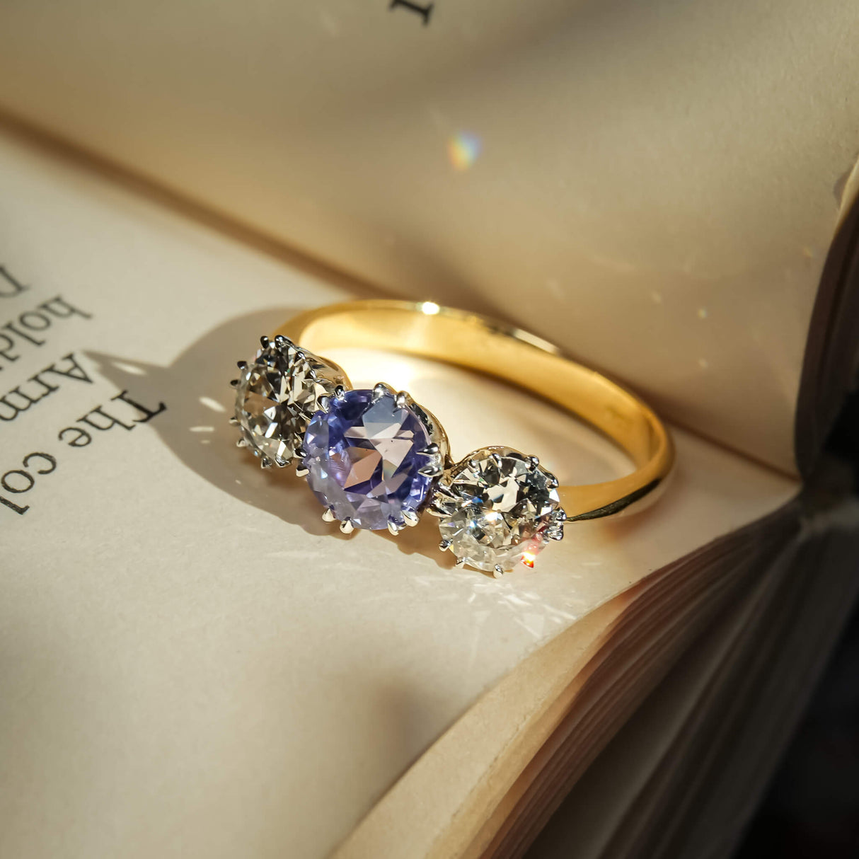 Antique sapphire and diamond three stone ring with classic Edwardian design
