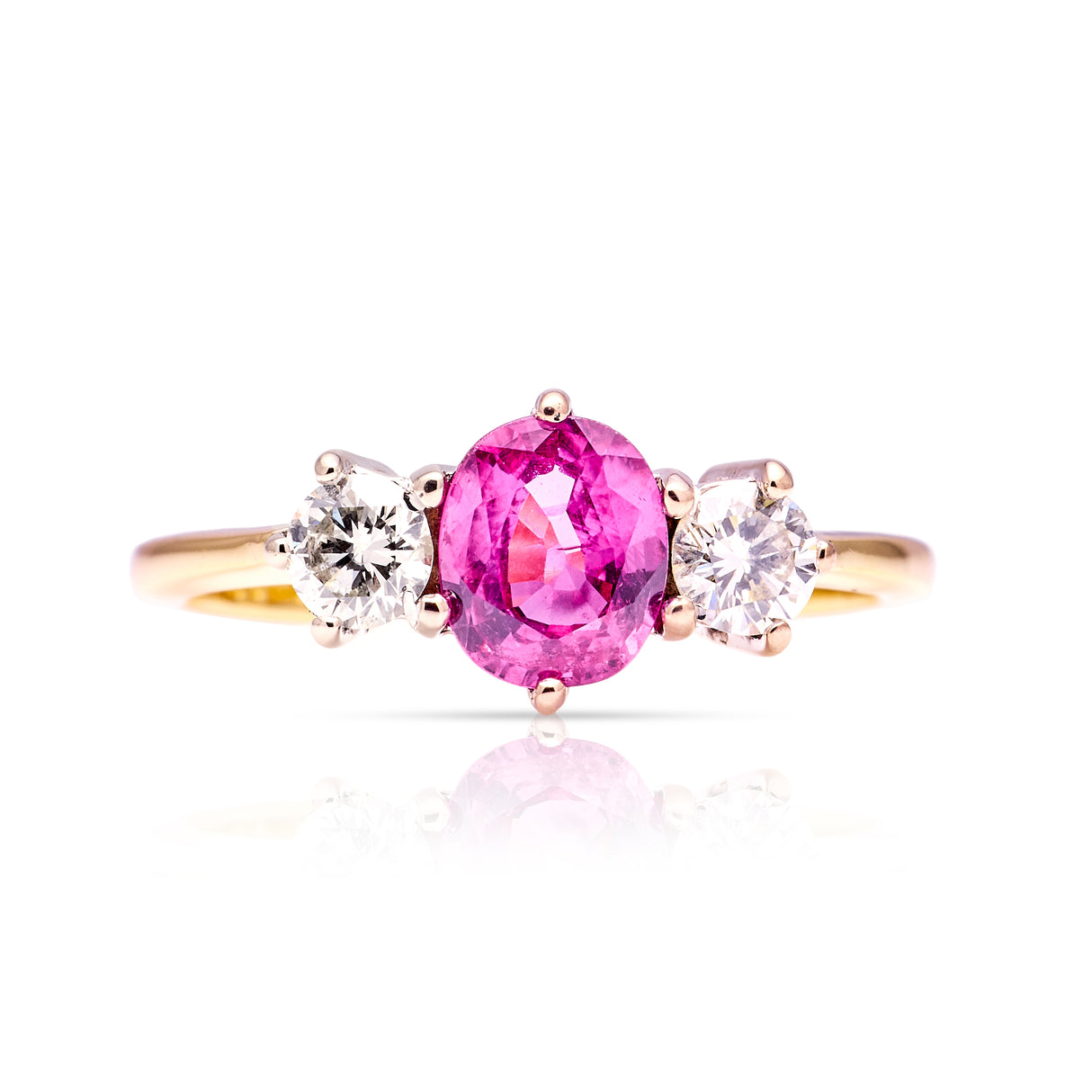 Vintage, 1990s pink sapphire and diamond three-stone ring