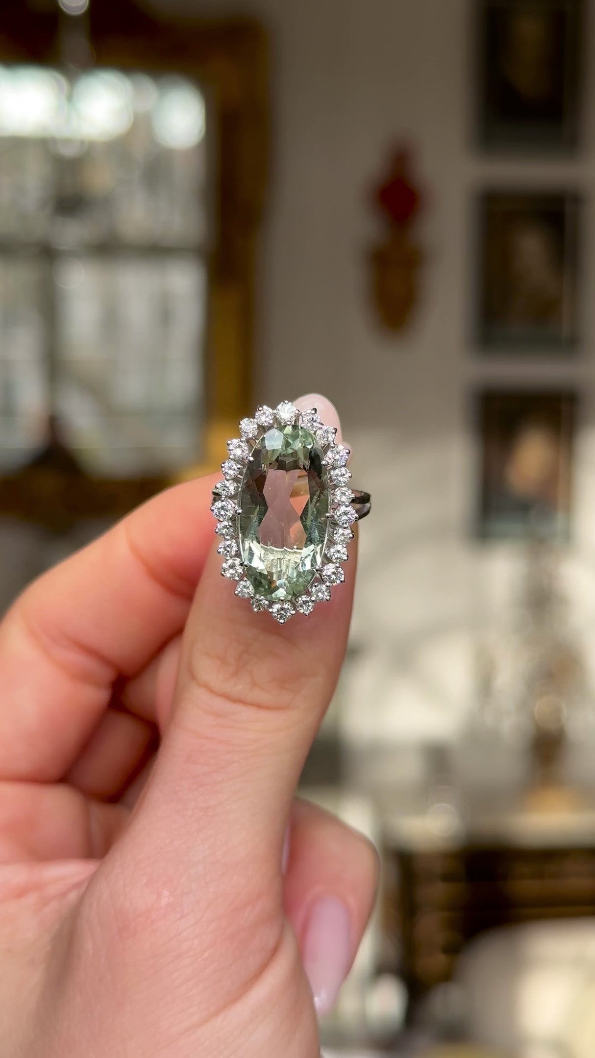 On hold | vintage, mint green quartz & diamond cluster cocktail ring, 14ct white gold