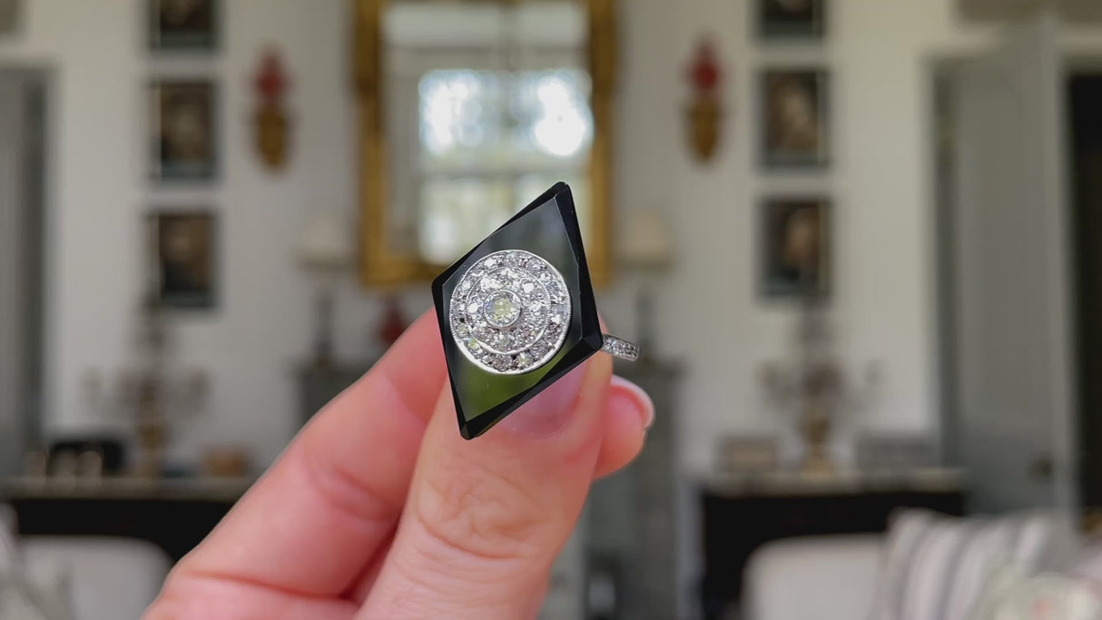 Art Deco, platinum, onyx & diamond kite-shaped cocktail ring