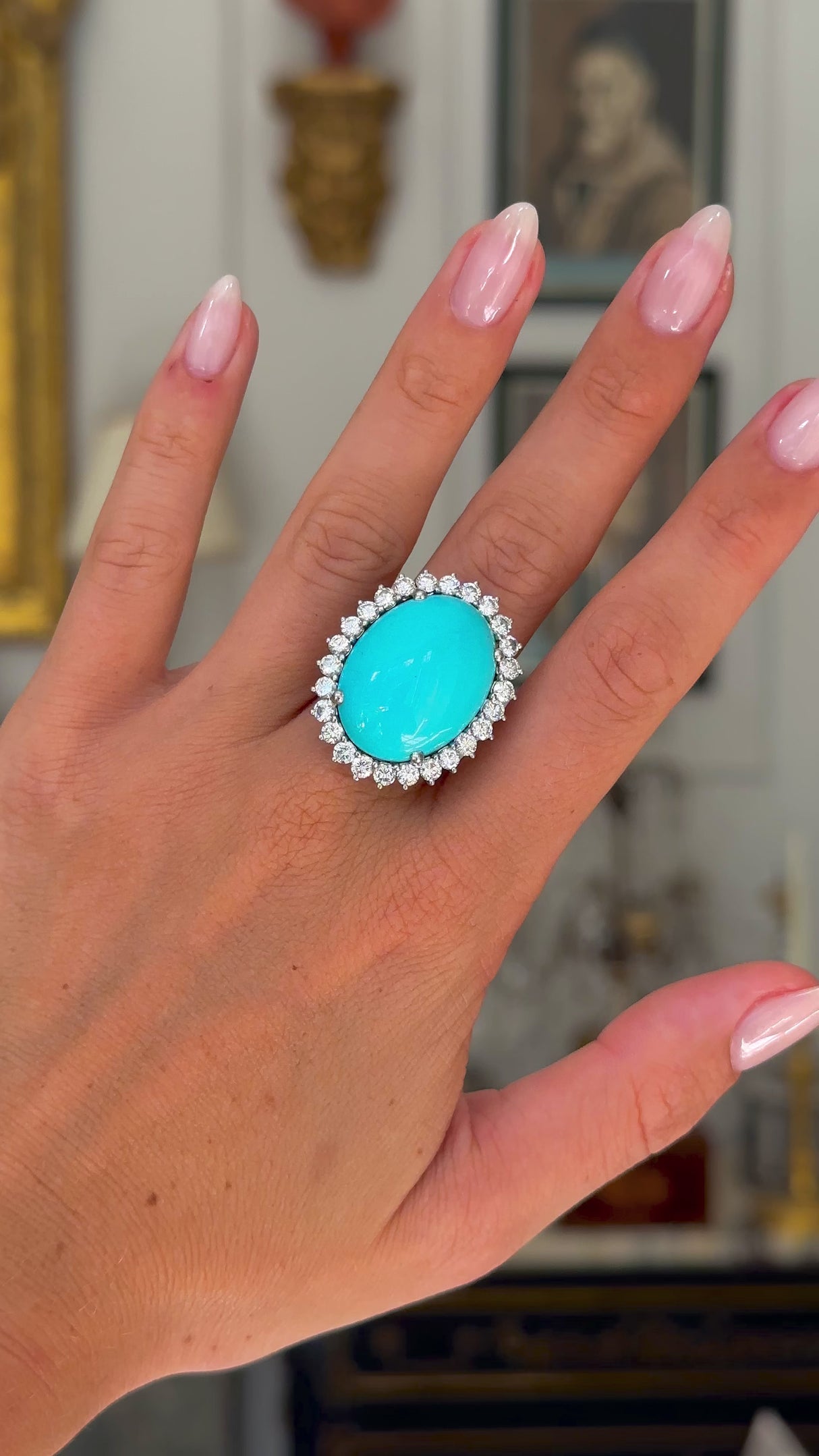 French, large natural turquoise & diamond cluster cocktail ring, 18ct white gold