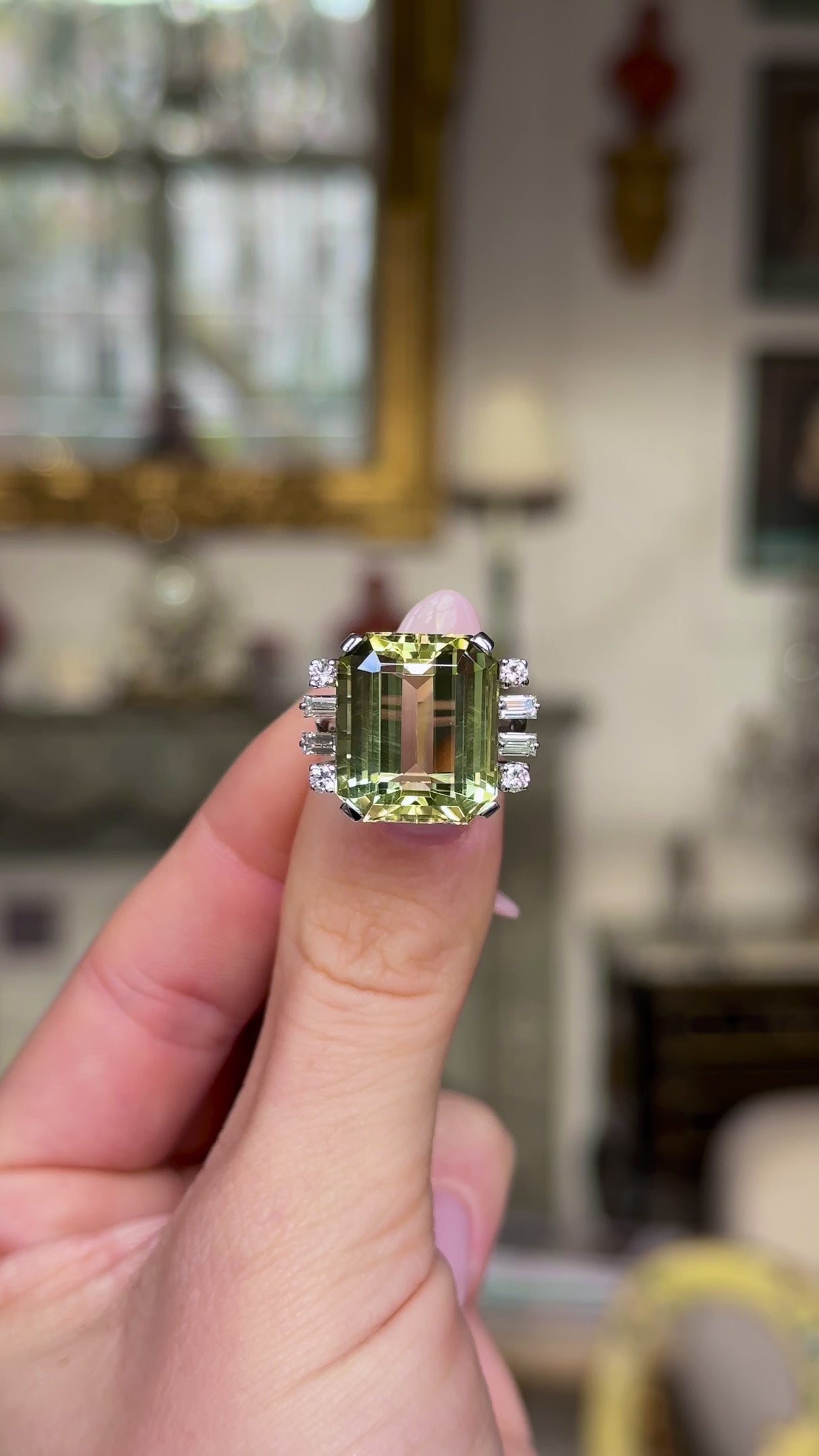 1950s, 15ct green-yellow heliodor & diamond cocktail ring, 18ct white gold