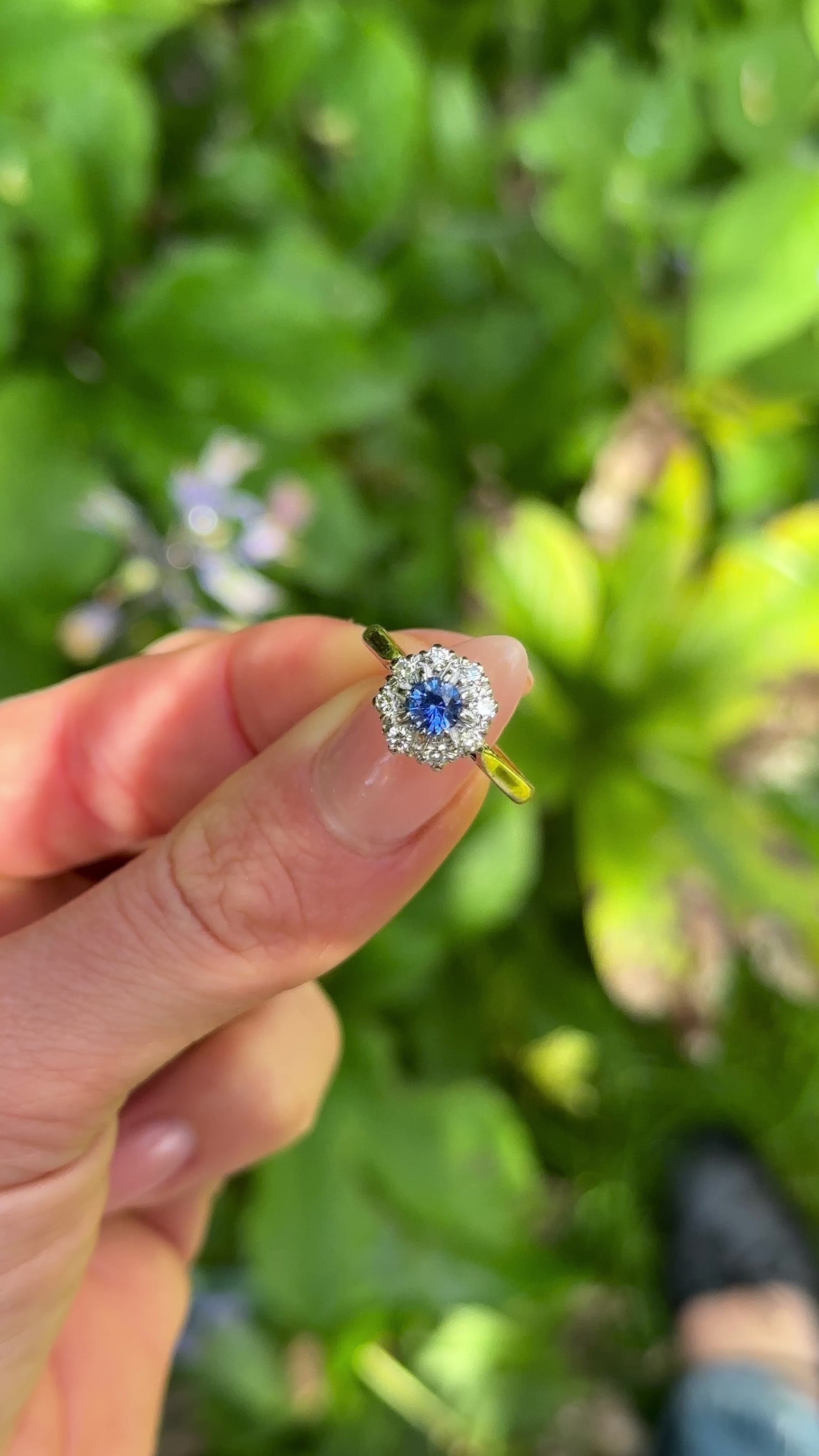 Vintage Sapphire and Diamond Cluster Ring, 18ct Yellow Gold held in fingers.