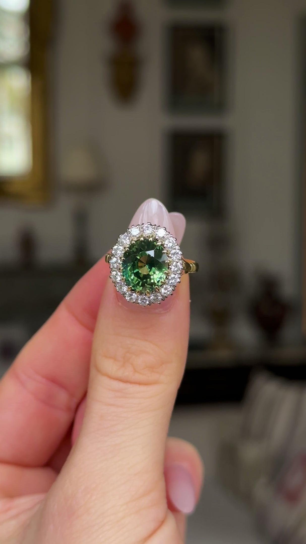 Vintage, 5ct green sapphire & diamond cluster ring, 18ct yellow gold
