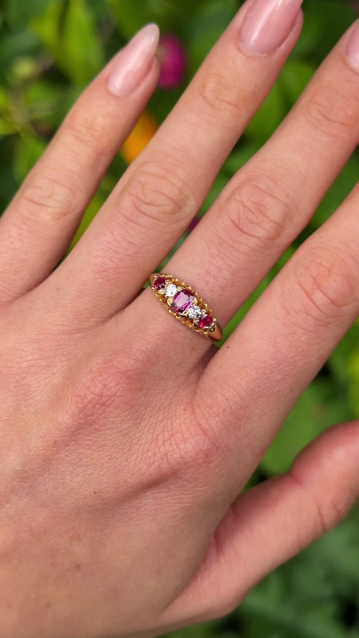 Antique, Edwardian Five Stone Ruby and Diamond Ring, 18ct Yellow Gold worn on hand.