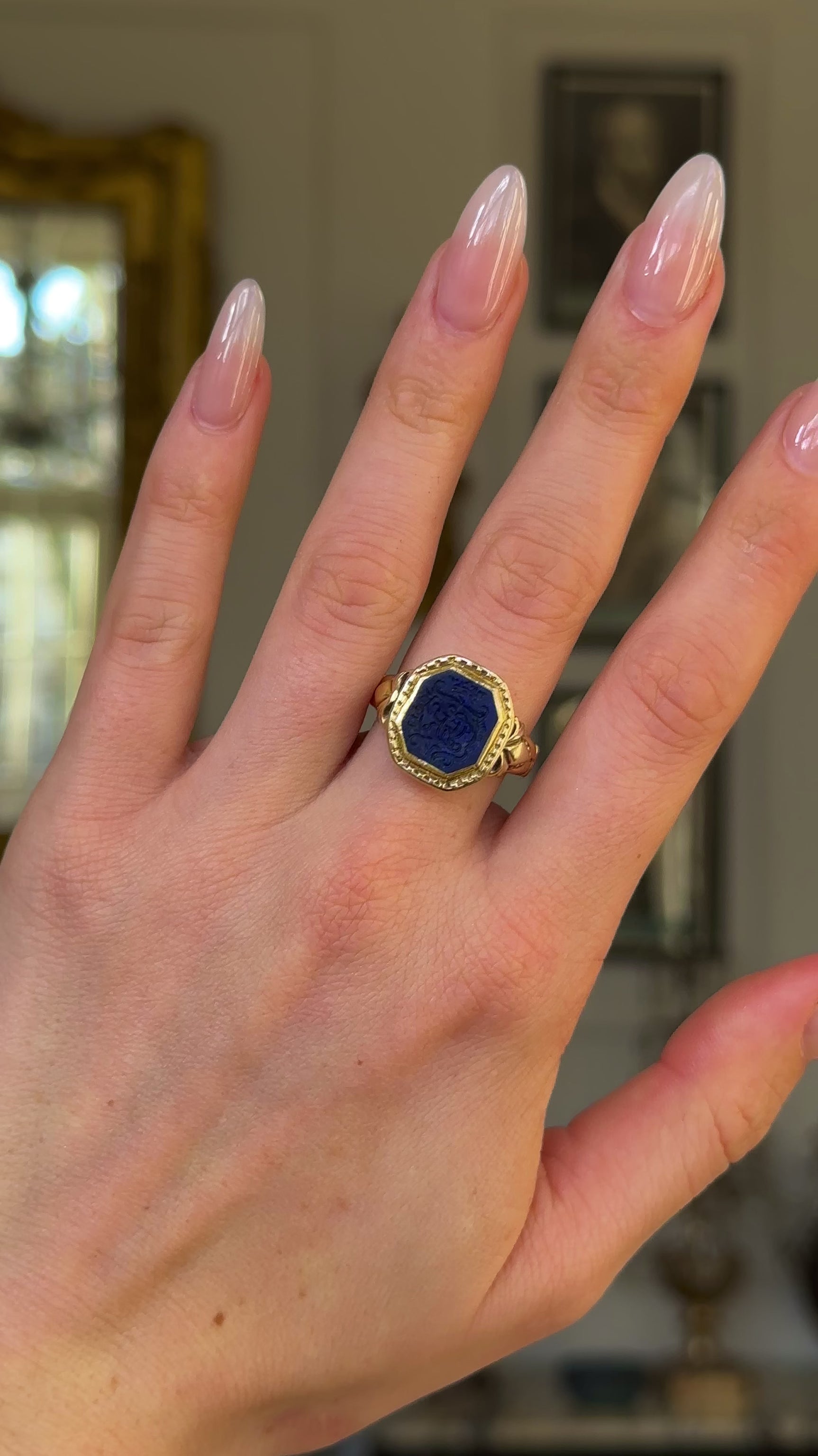 Antique, Victorian Lapis Intaglio Ring, 18ct Yellow Gold worn on hand and rotated to give perspective.