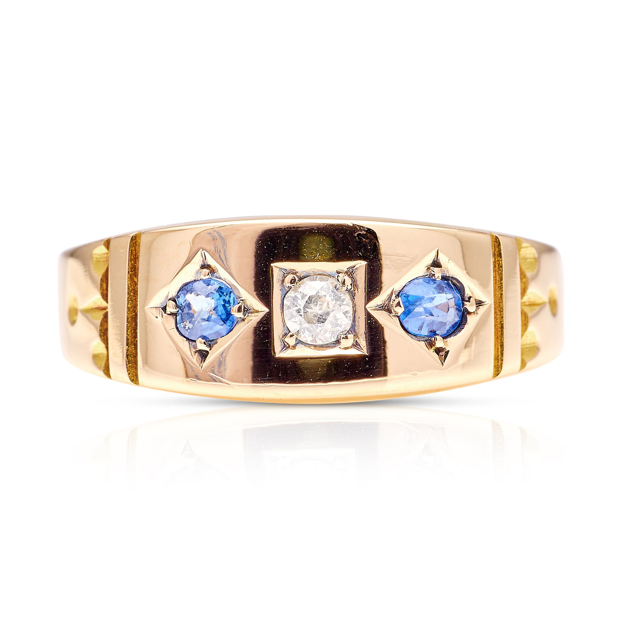 Antique, Victorian sapphire and diamond three-stone ring, 15ct yellow gold