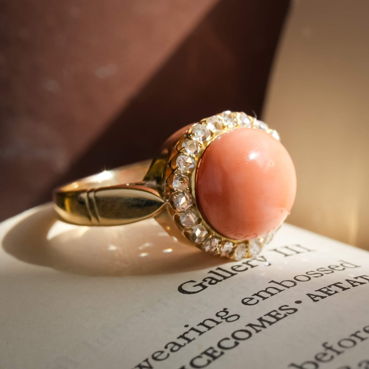 Victorian coral and rose cut diamond cluster ring in yellow gold