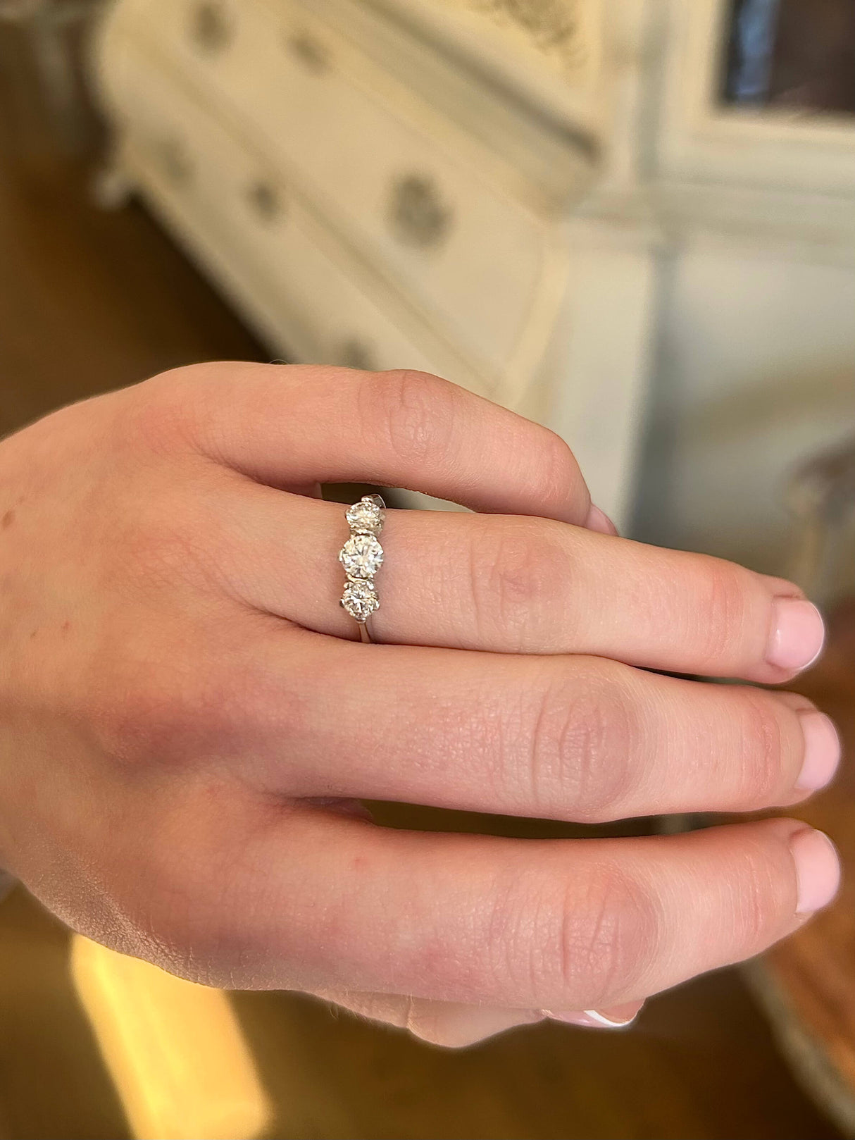 Vintage 1950s 18ct white gold diamond three stone ring.