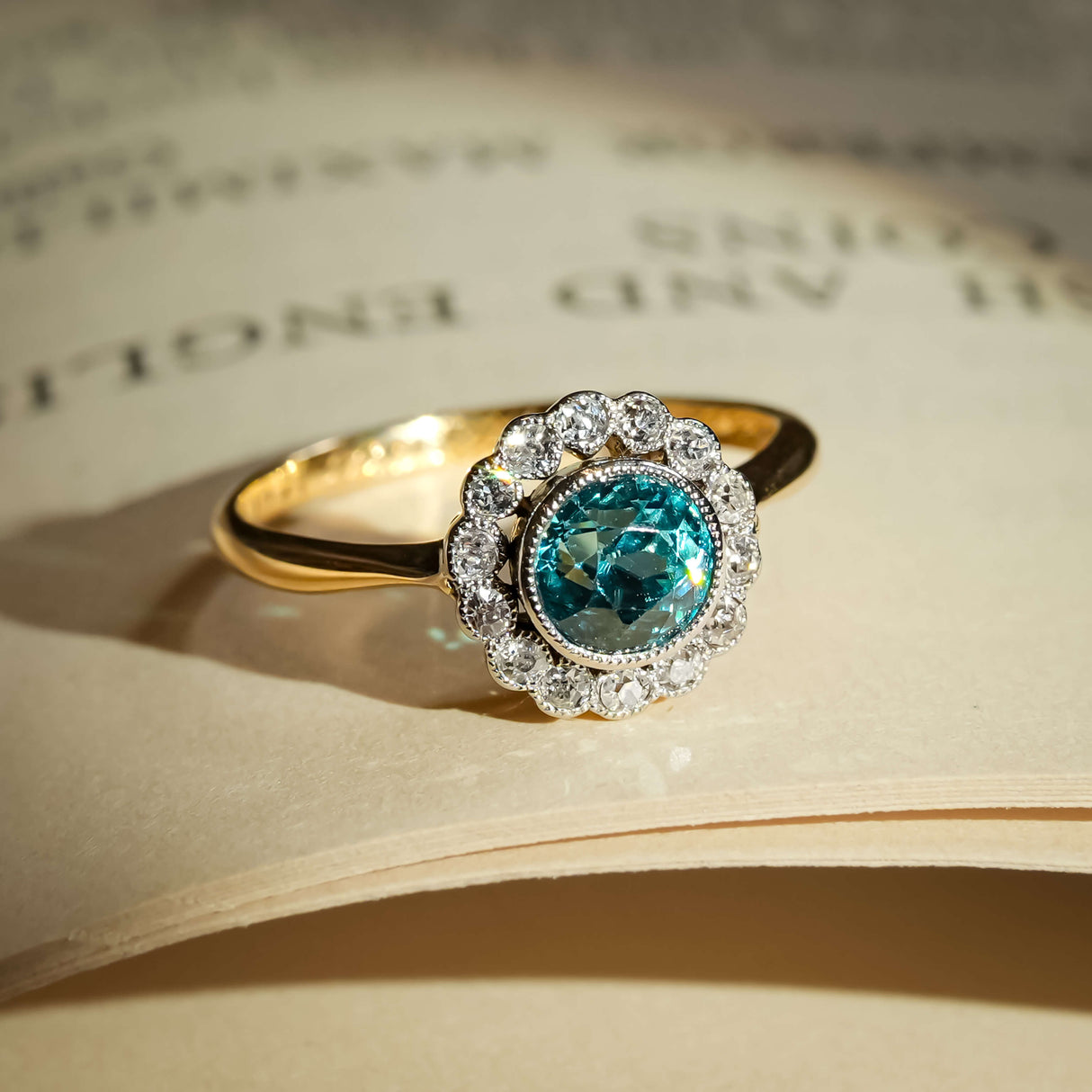Vintage 1920s zircon ring with round blue zircon and diamond cluster setting