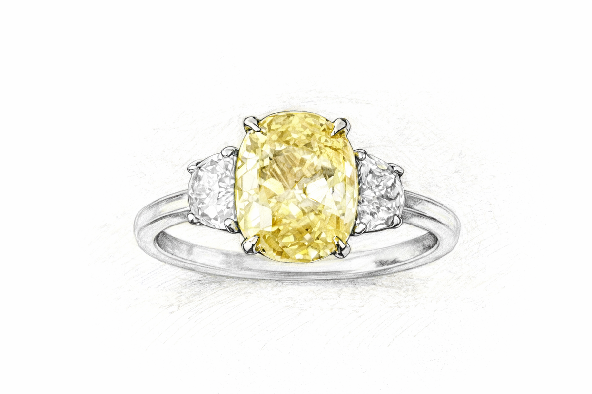Yellow cushion-cut sapphire & half-moon diamond three-stone ring