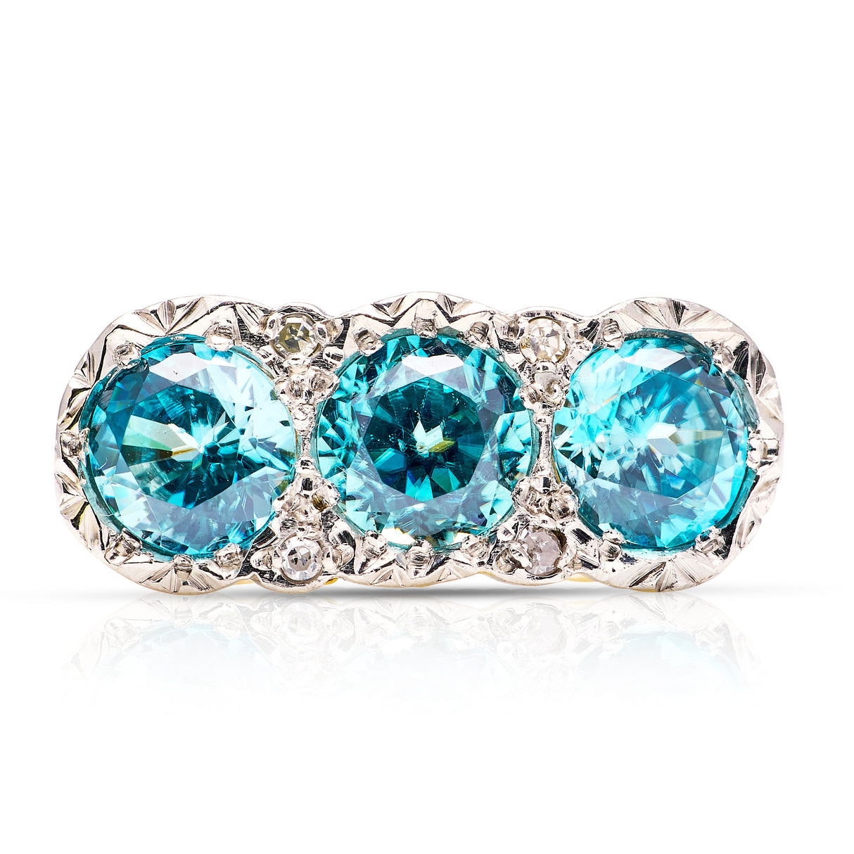1930s zircon and diamond three stone cluster ring