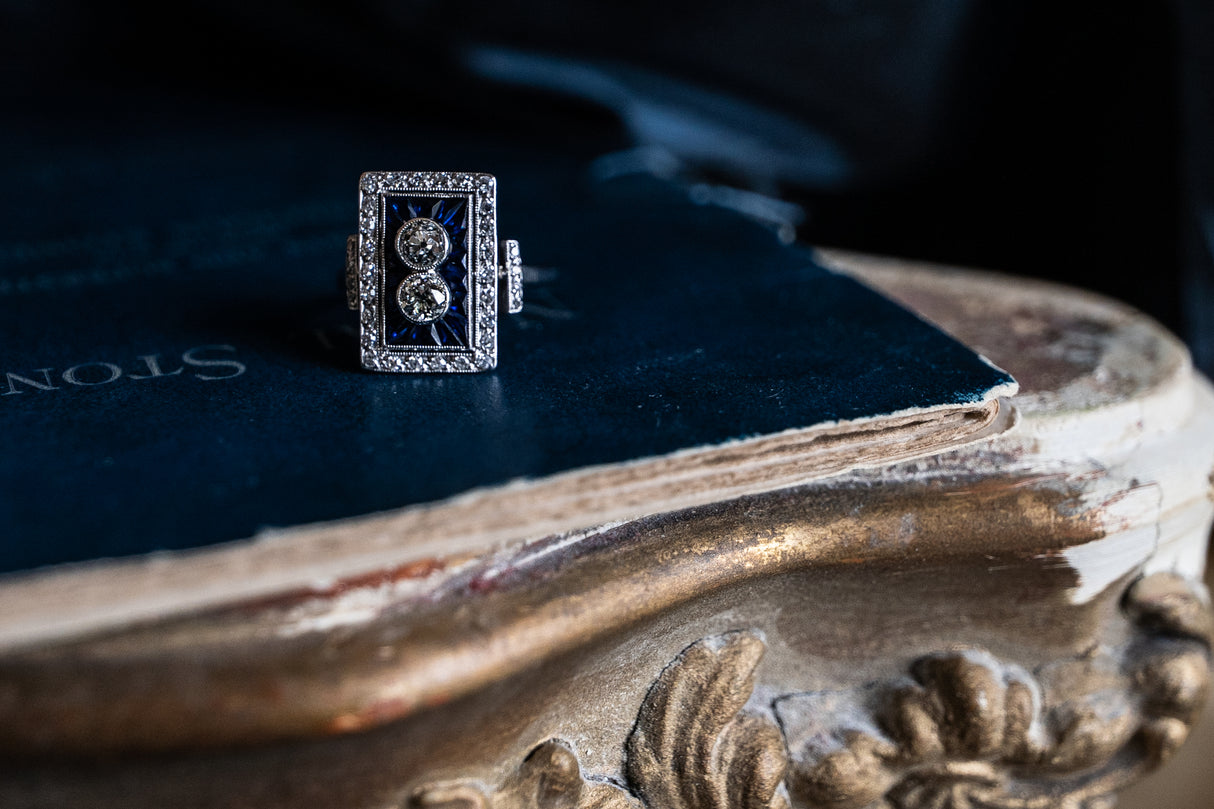 Antique Art Deco, French, platinum, diamond and sapphire ring