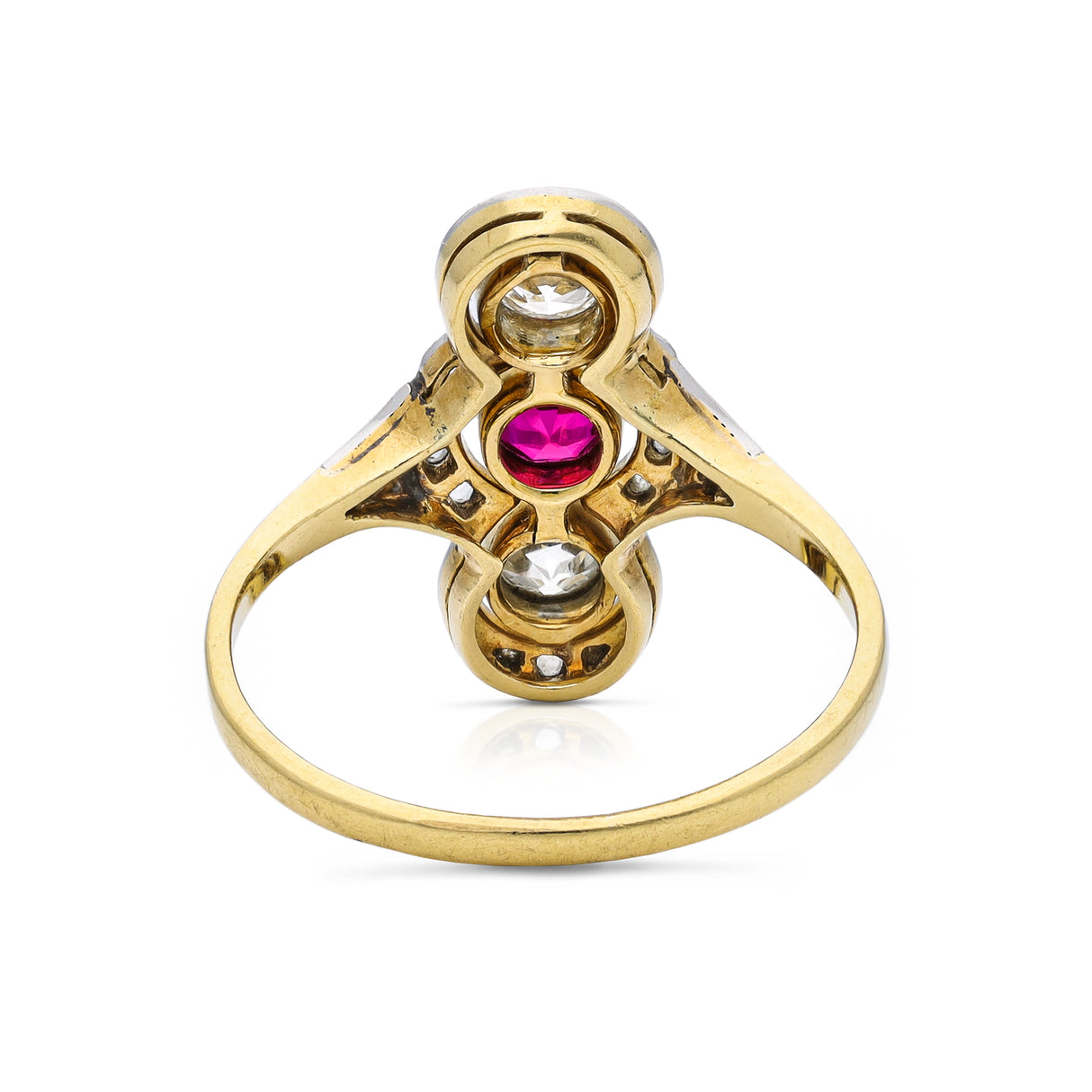 Antique belle epoque ruby and diamond ring , rear view.