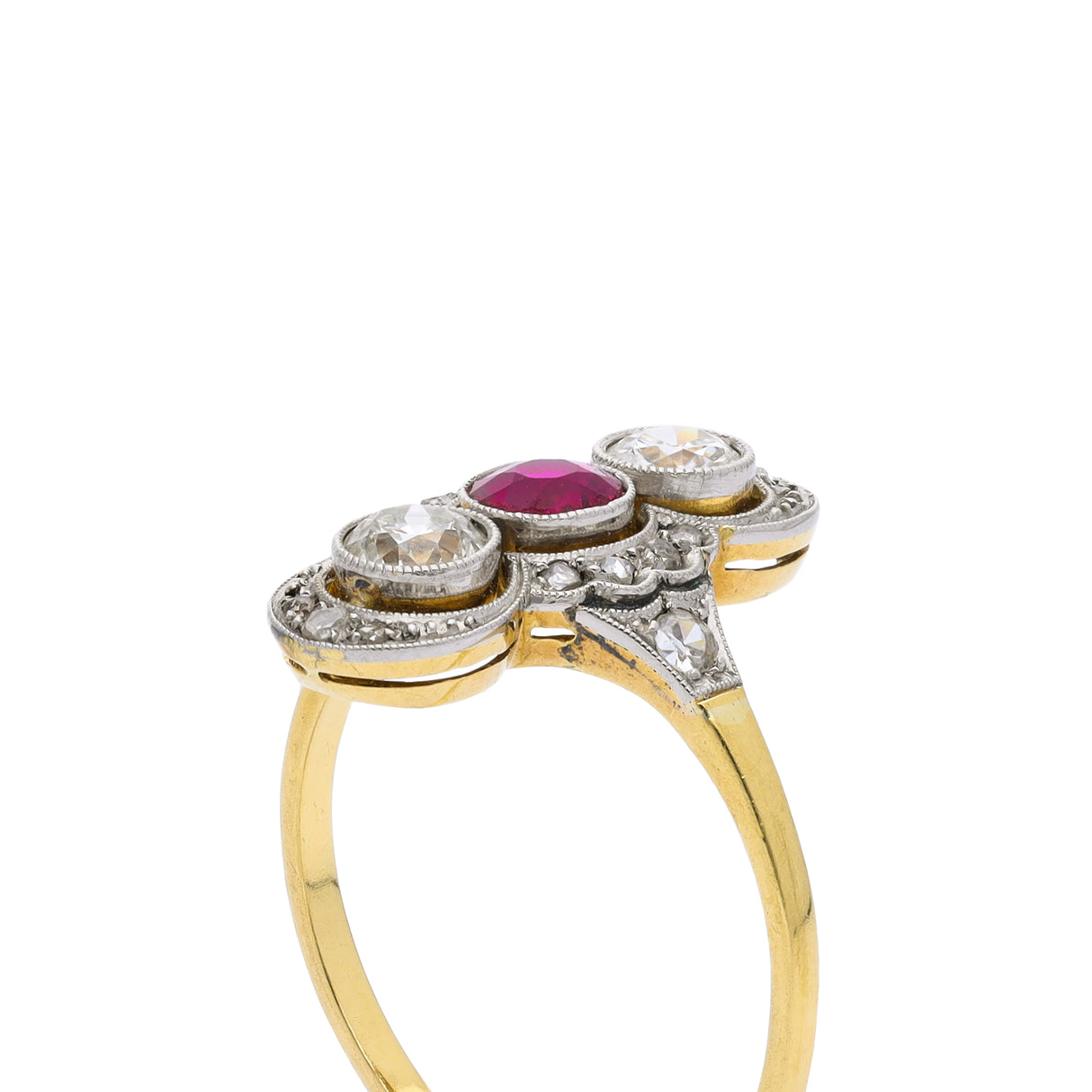 Antique belle epoque ruby and diamond ring, side view.