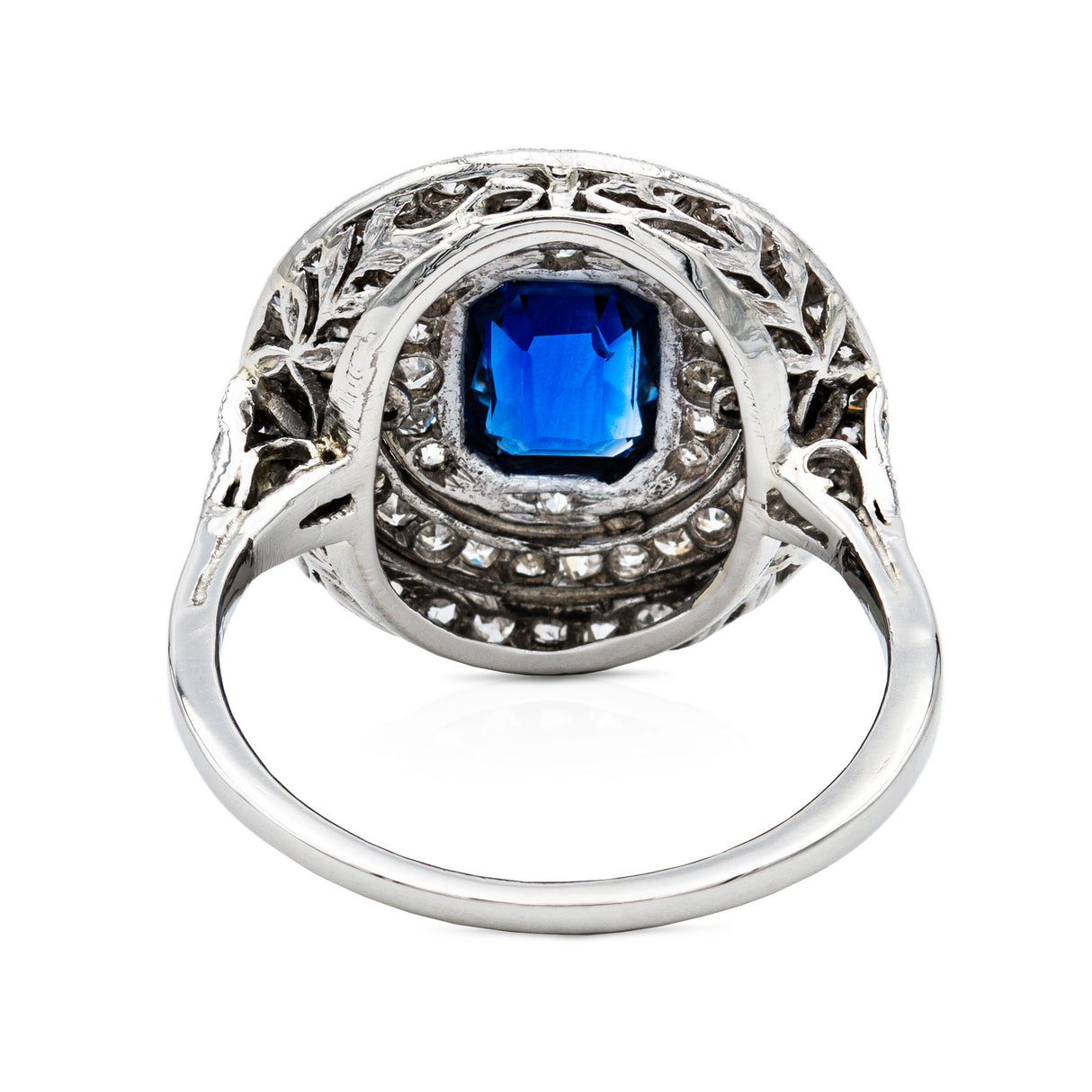 Sapphire and diamond target cluster ring, rear view. 
