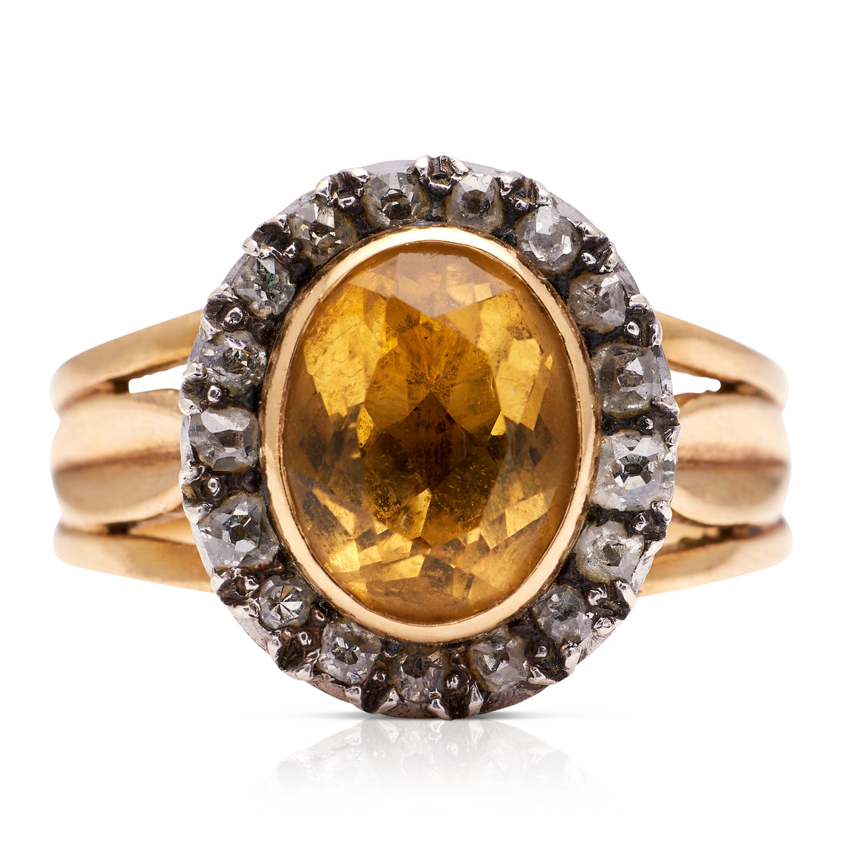 Antique Georgian citrine and diamond cluster ring, front view.