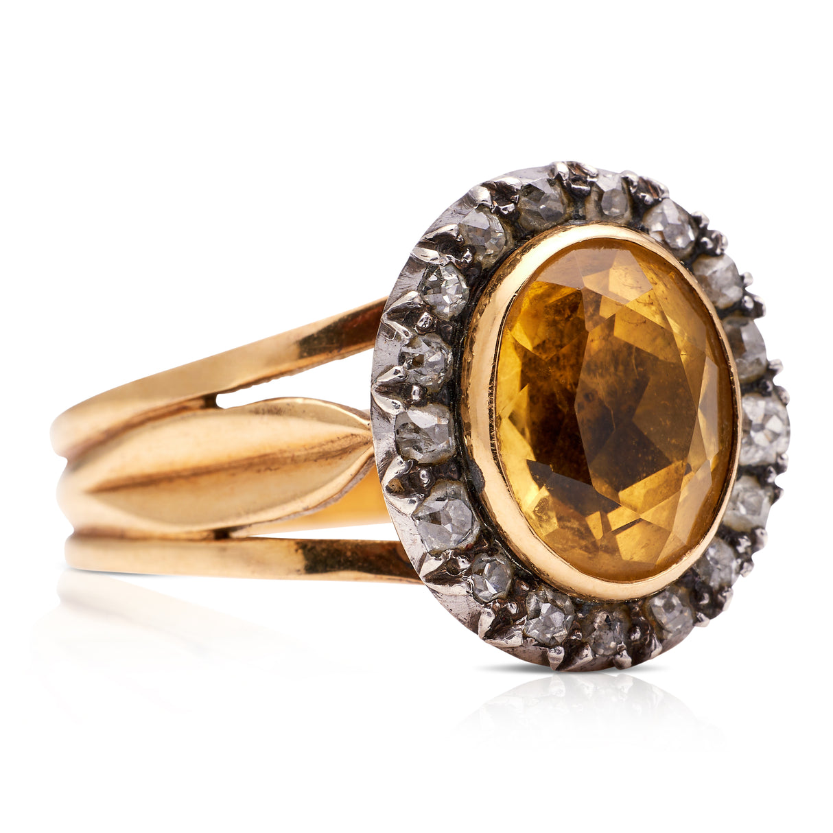 Antique Georgian citrine and diamond cluster ring, side view.