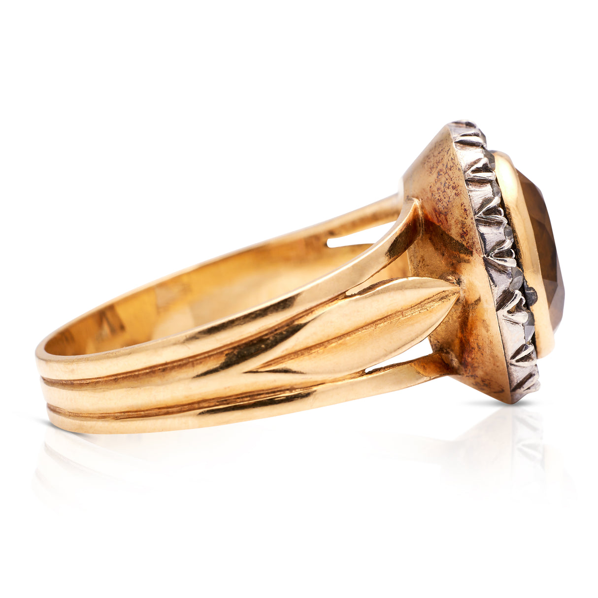 Antique Georgian citrine and diamond cluster ring, side view.