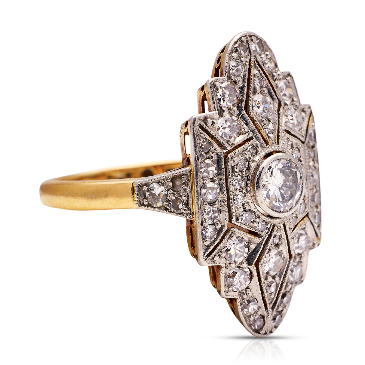 Art Deco diamond navette engagement ring, side view.